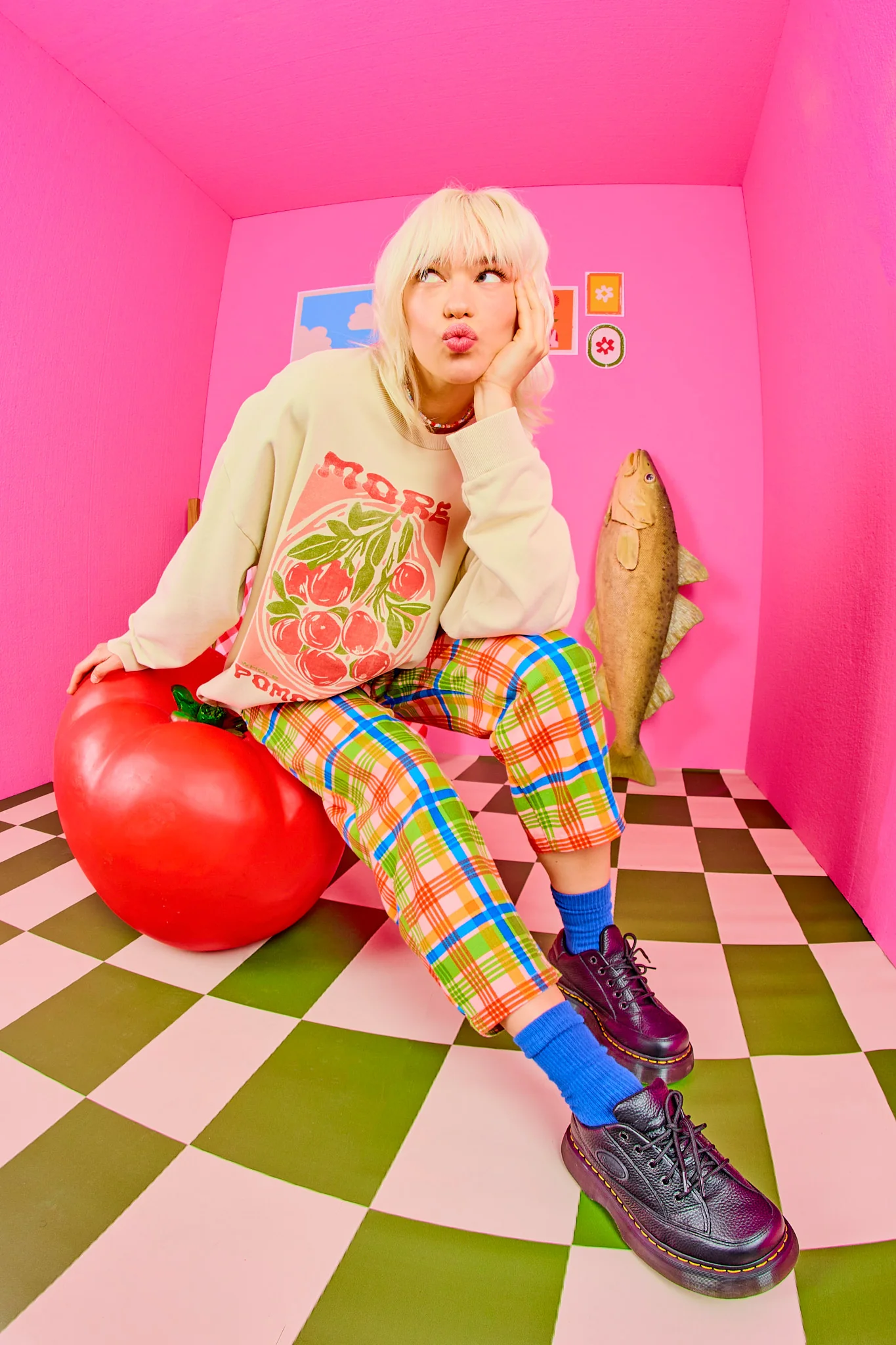 Drew - Straight Leg Cotton Trousers in Kitchen Check