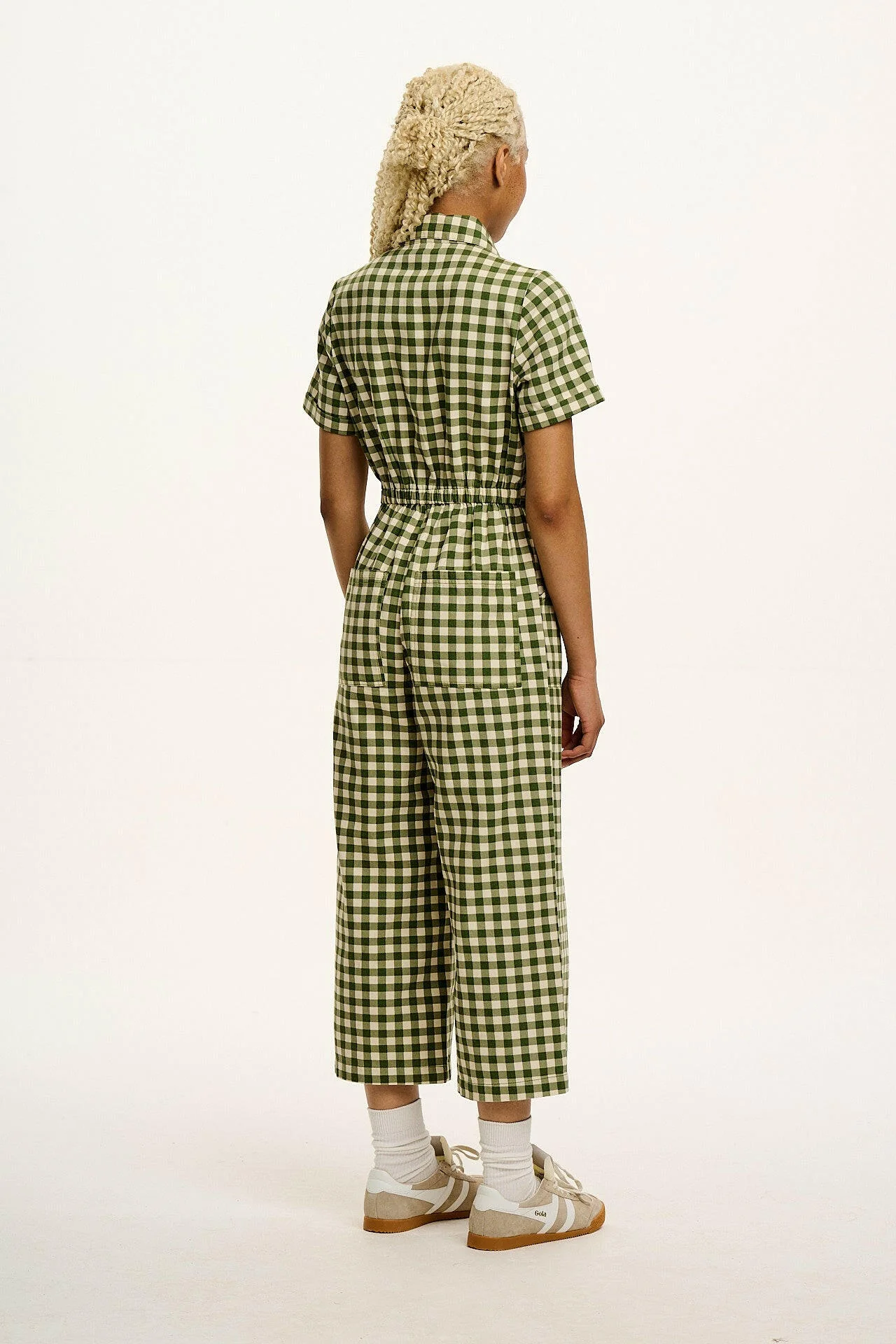 Ragan - Cotton Jumpsuit in Green Gingham with Strawberry Embroidery