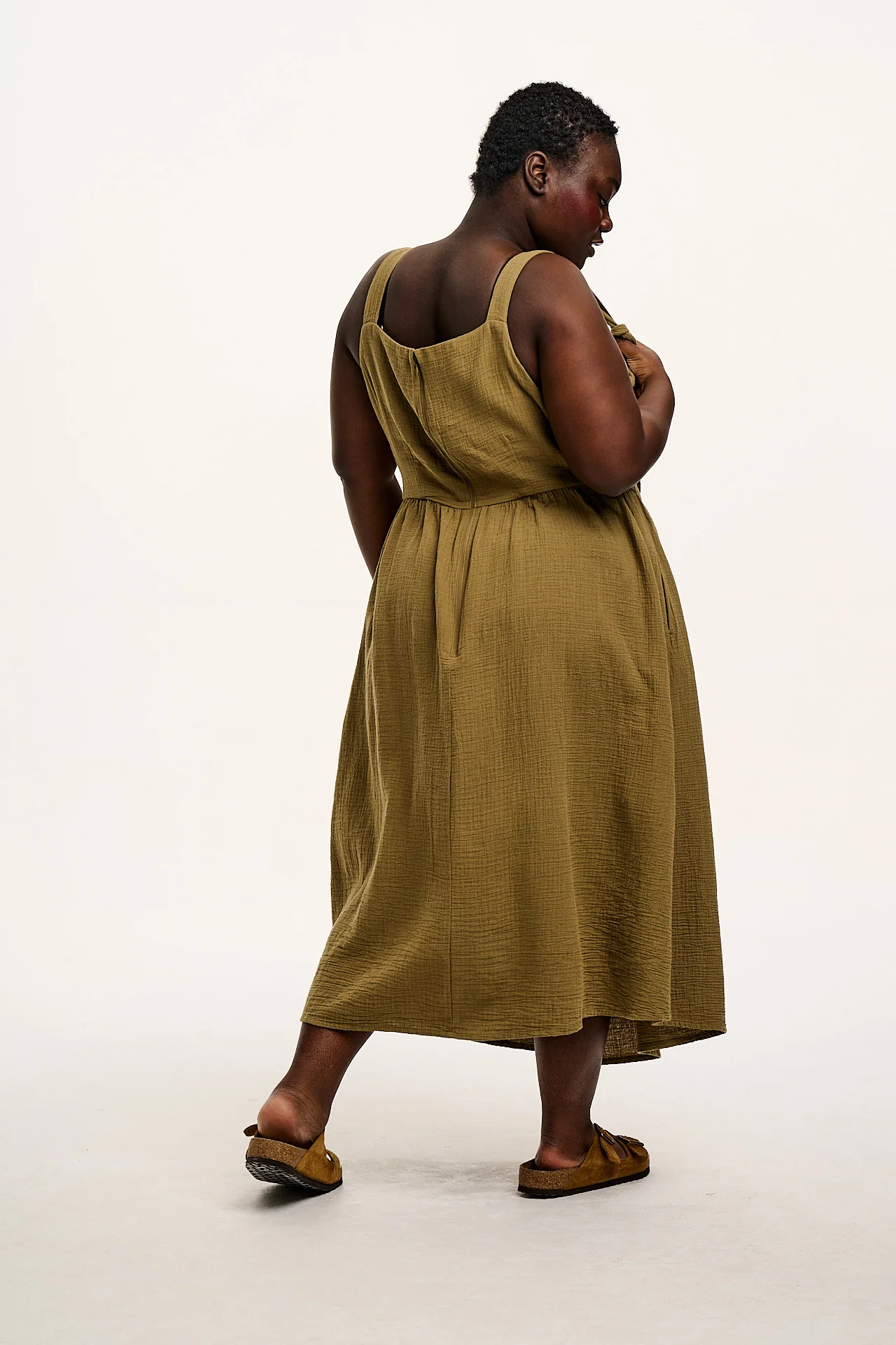 Faye - Midi Cotton Gauze Dress in Khaki Green