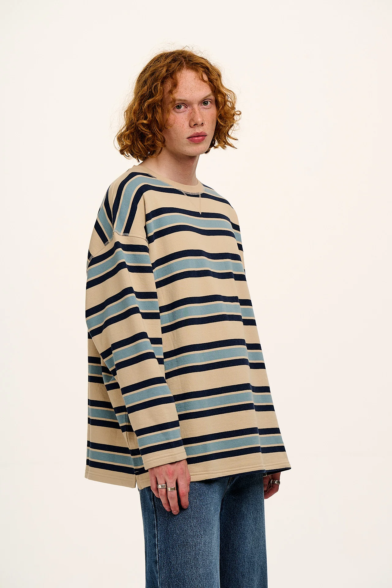 Kai - Midweight Cotton Crew Neck Sweatshirt in Blue Stripe