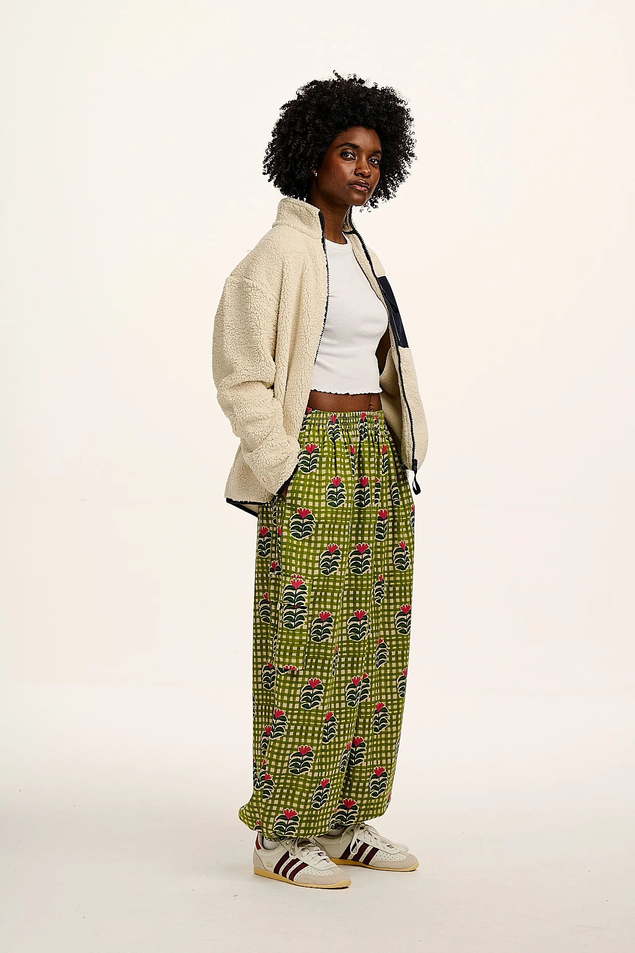 Rumi - Cotton & Linen Barrel Trousers in Blooming Green Checkerboard