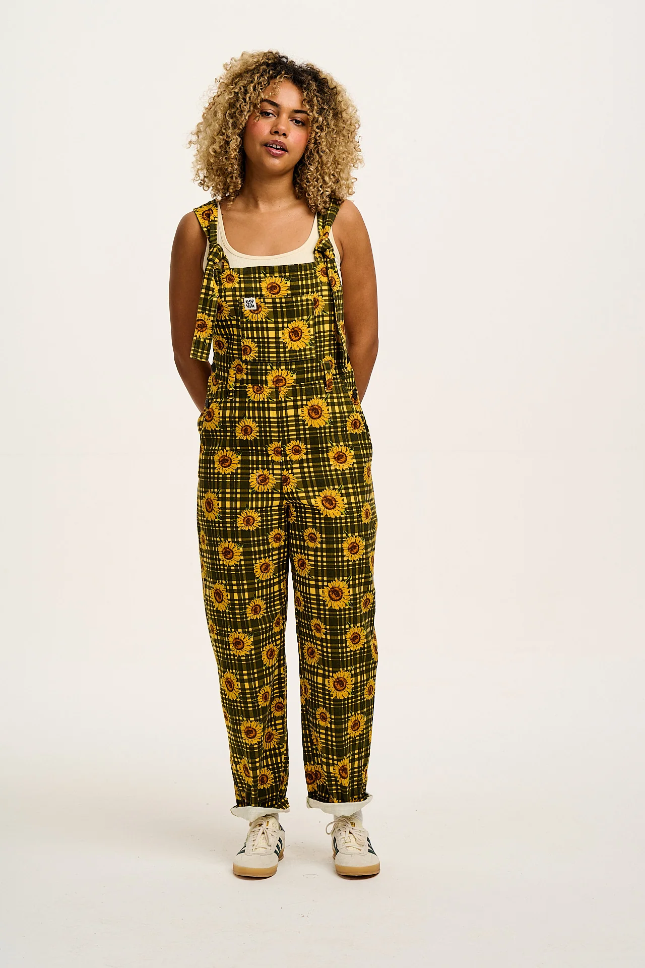 Easton - Cotton Dungarees in Green Sunday Sunflowers Print
