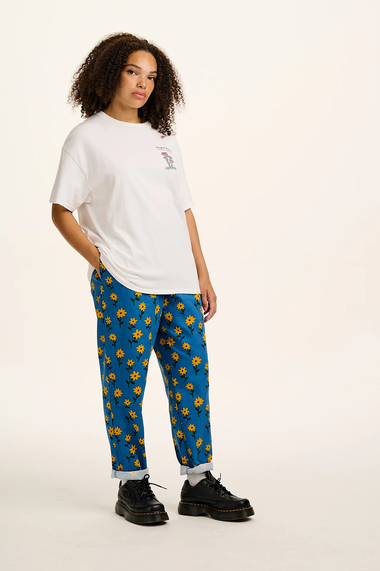 Alexa - Cotton Trousers in Blue Sunflowers Print