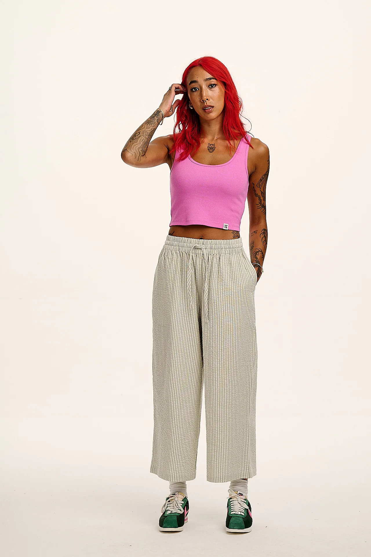 Chuck - Wide Leg Cotton Trousers in Green Stripe