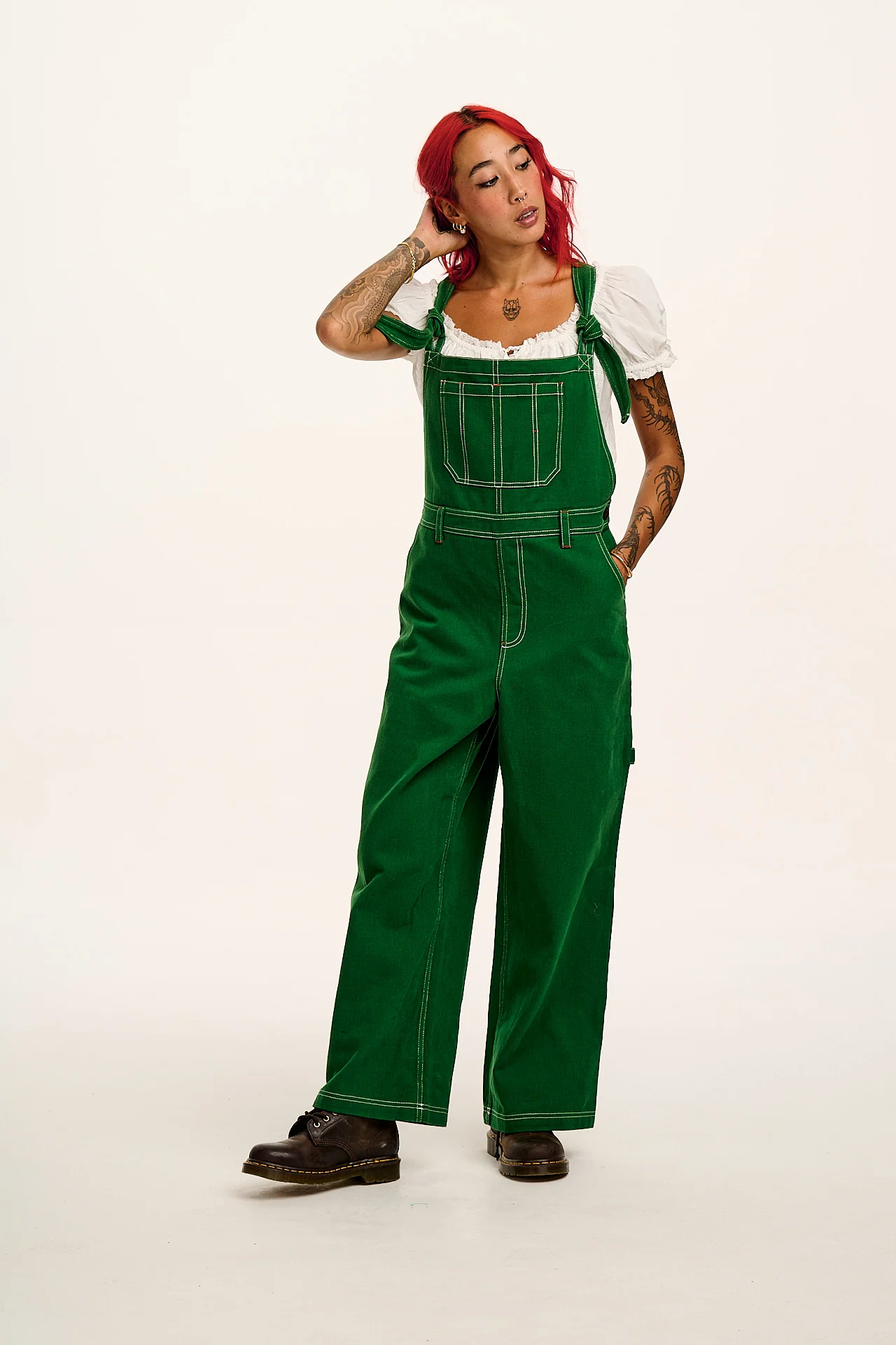 Mullen - Cotton Dungarees in Green Contrast Stitch