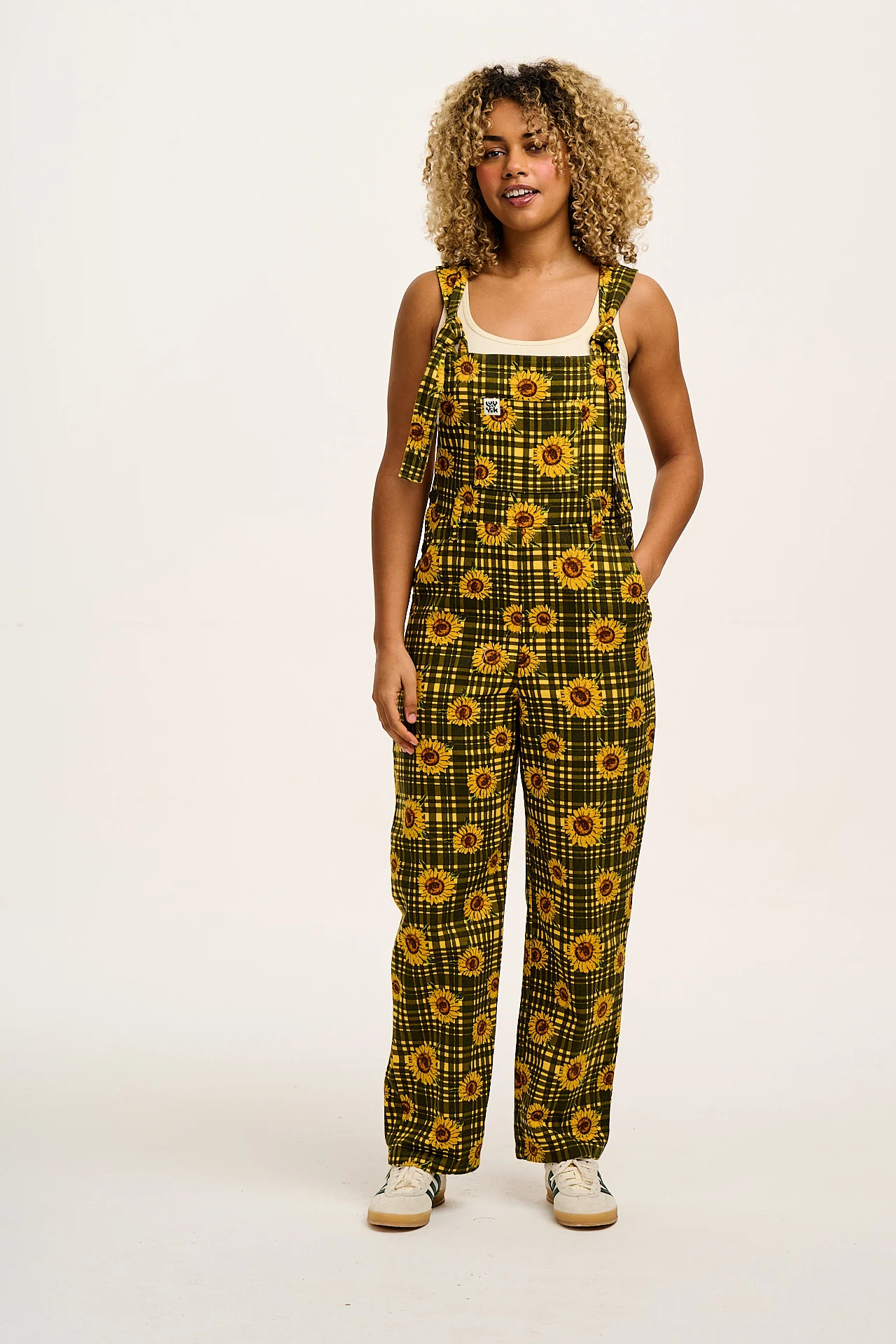 Easton - Cotton Dungarees in Green Sunday Sunflowers Print
