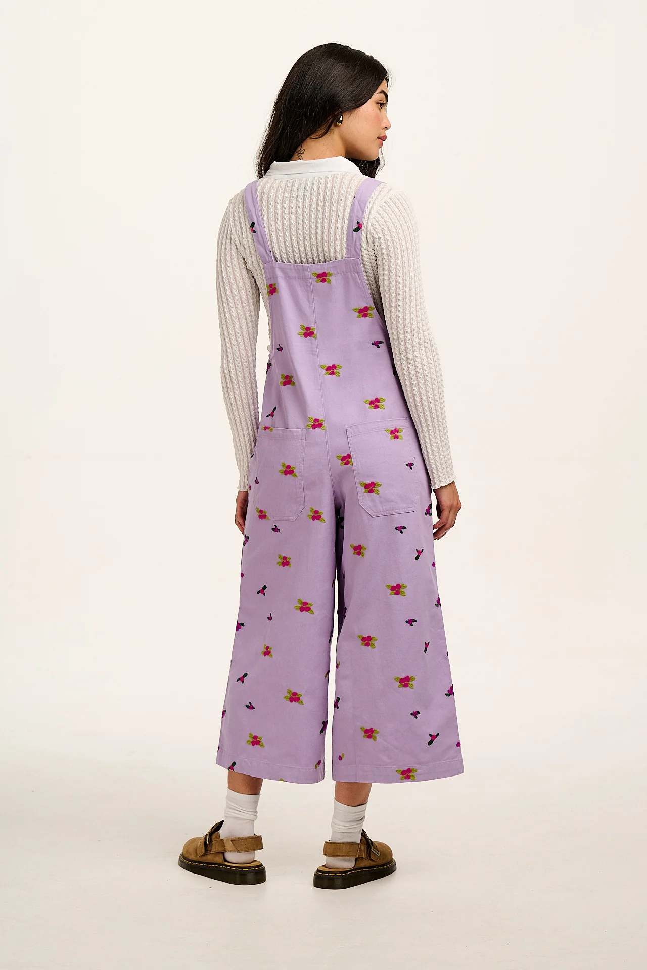 Jenny -  Wide Leg Cotton Dungarees in Lilac with Floral Embroidery