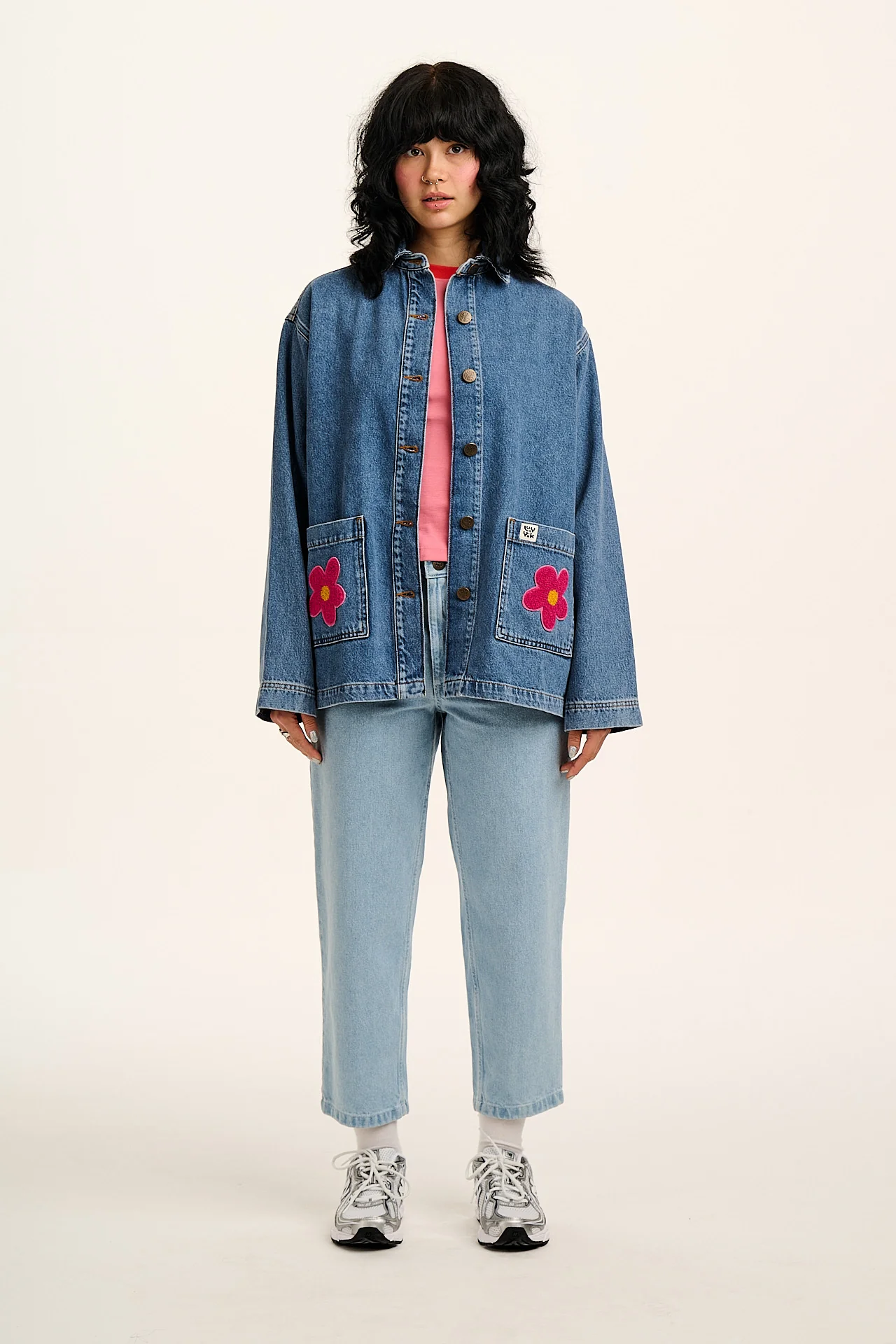 Olly - Denim Jacket in Mid Wash Blue with Pink Flower Motif