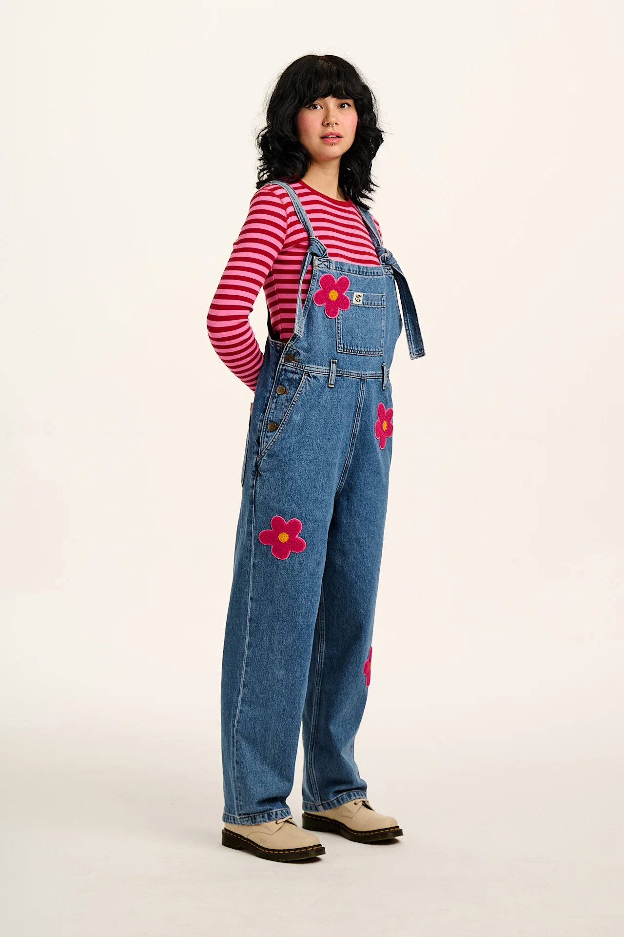 Easton - Denim Dungarees in Mid Wash Blue with Pink Flower Motif