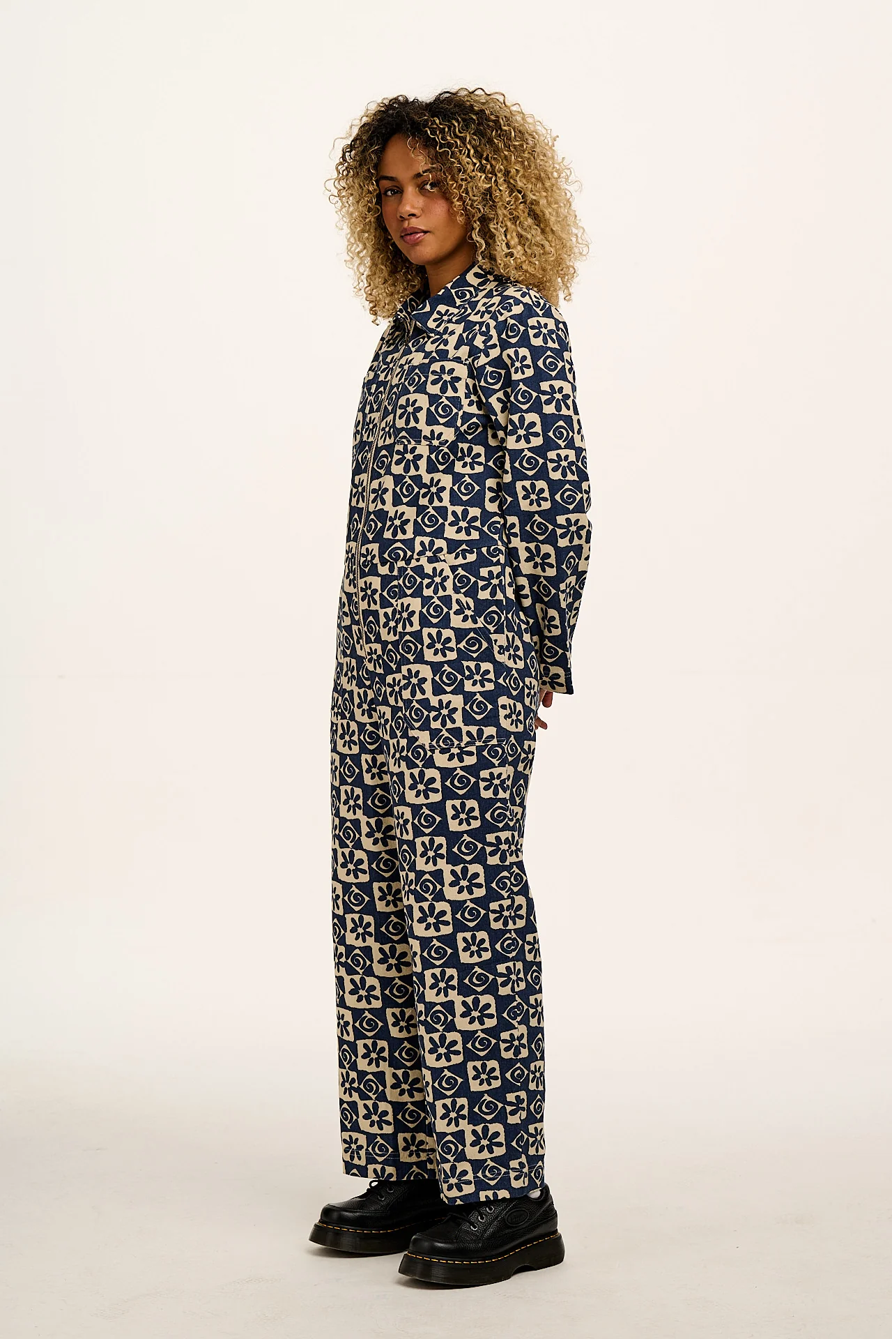 Arendal - Cotton Jumpsuit in Blue Floral Check Print