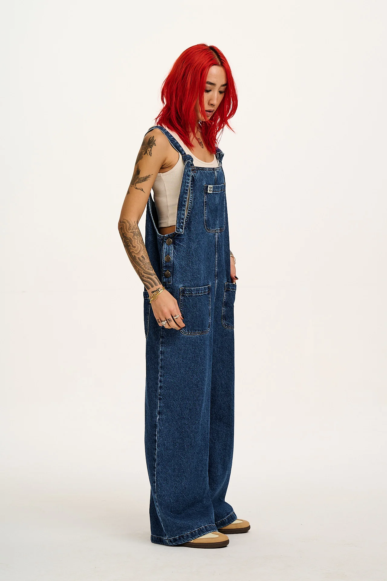 Ali - Wide Leg Denim Dungarees in Mid Wash Blue