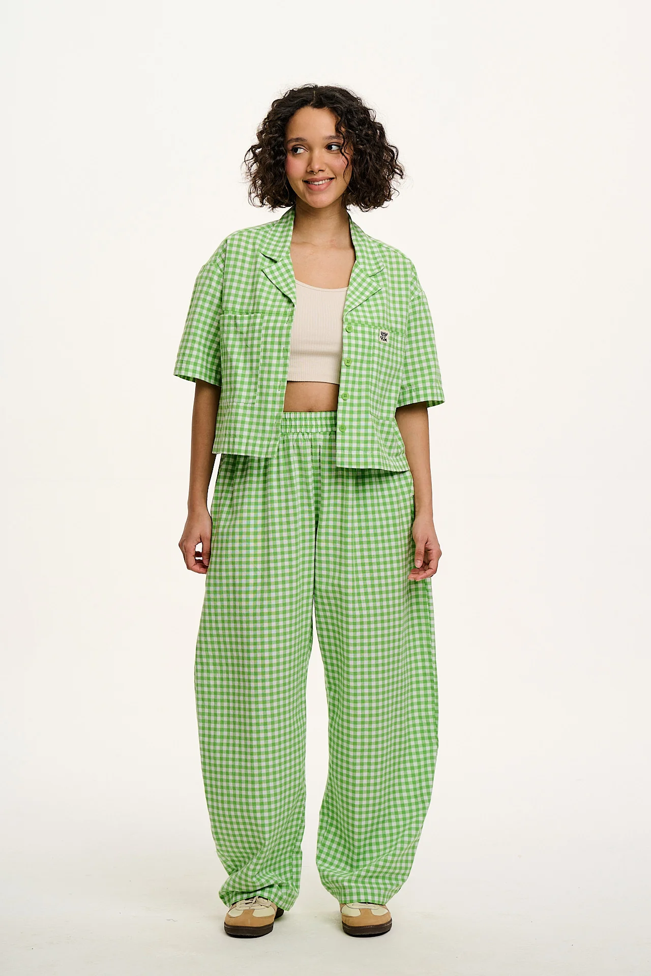 Freddie - Barrel Leg Cotton Trousers in Green Bonitto Gingham