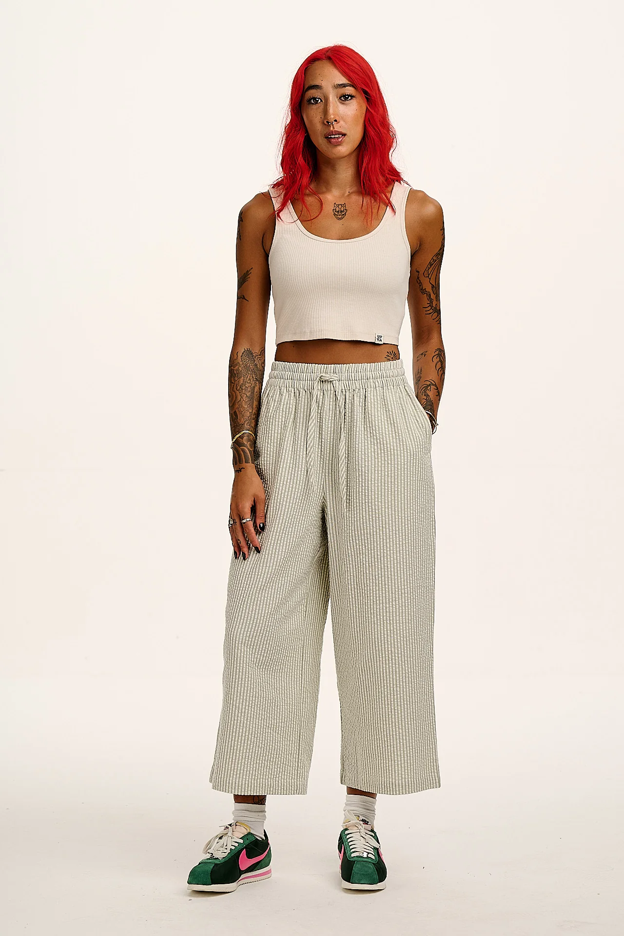 Chuck - Wide Leg Cotton Trousers in Green Stripe