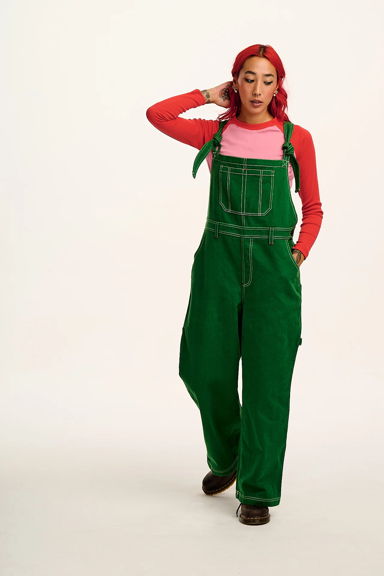 Mullen - Cotton Dungarees in Green Contrast Stitch