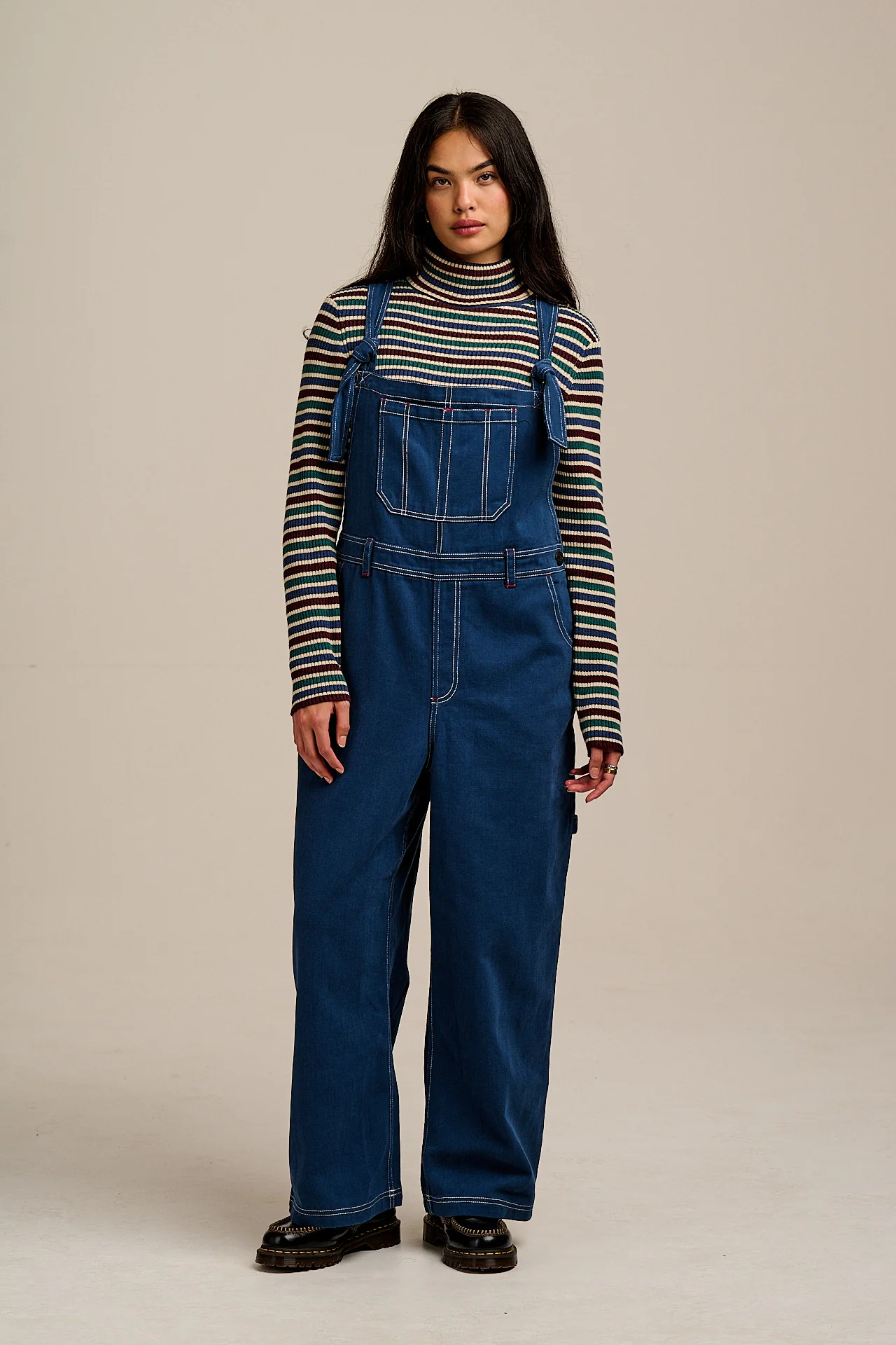 Mullen - Cotton Dungarees in Navy with Contrast Stripe