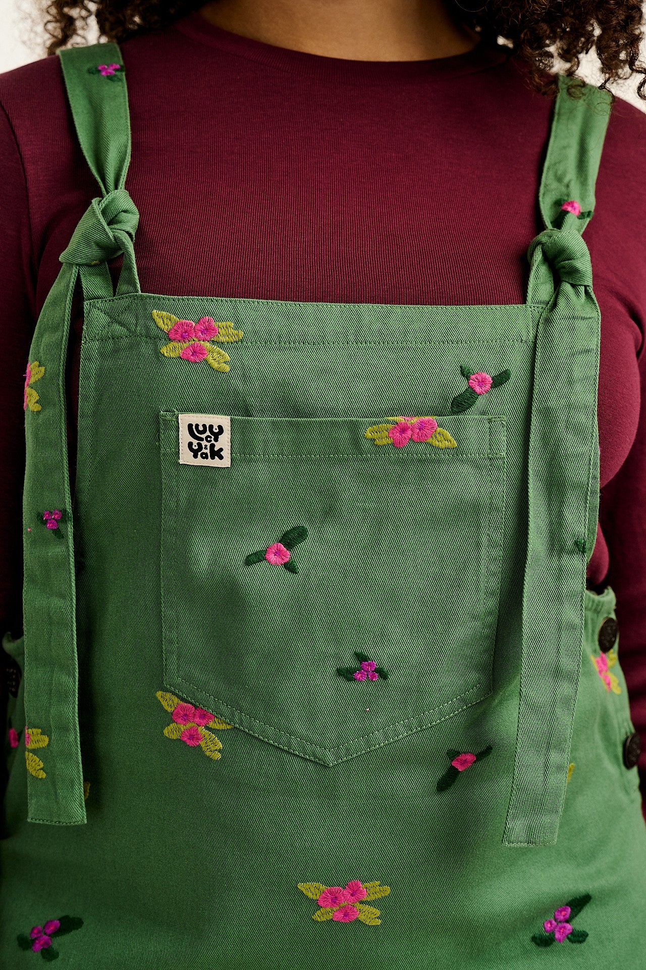 Mini Pini - Cotton Dress in Green with Floral Embroidery