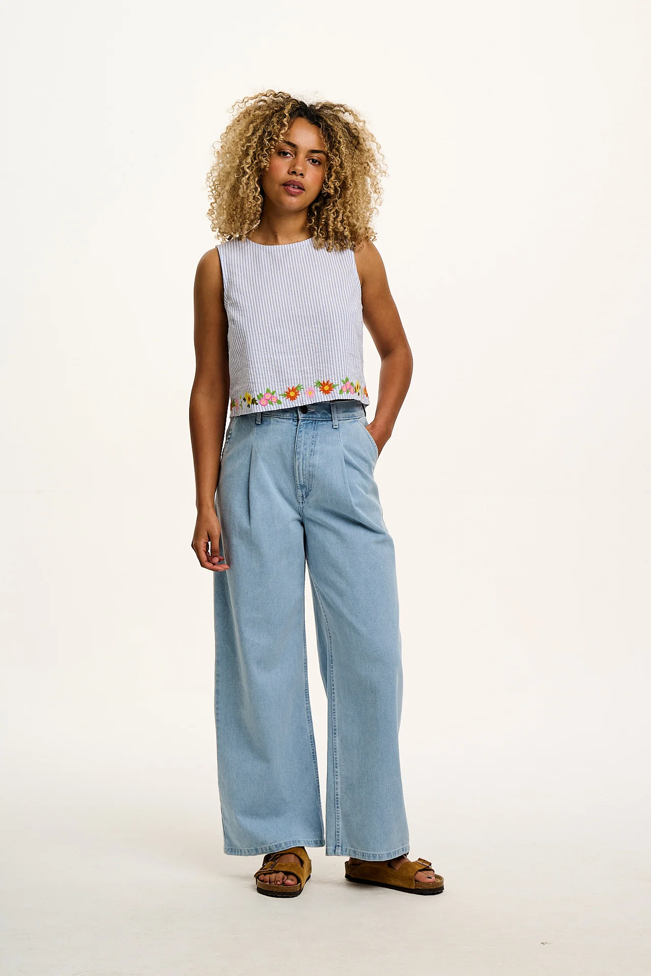 Arden - Cotton Seersucker Shell Top in Blue Stripe with Floral Embroidery