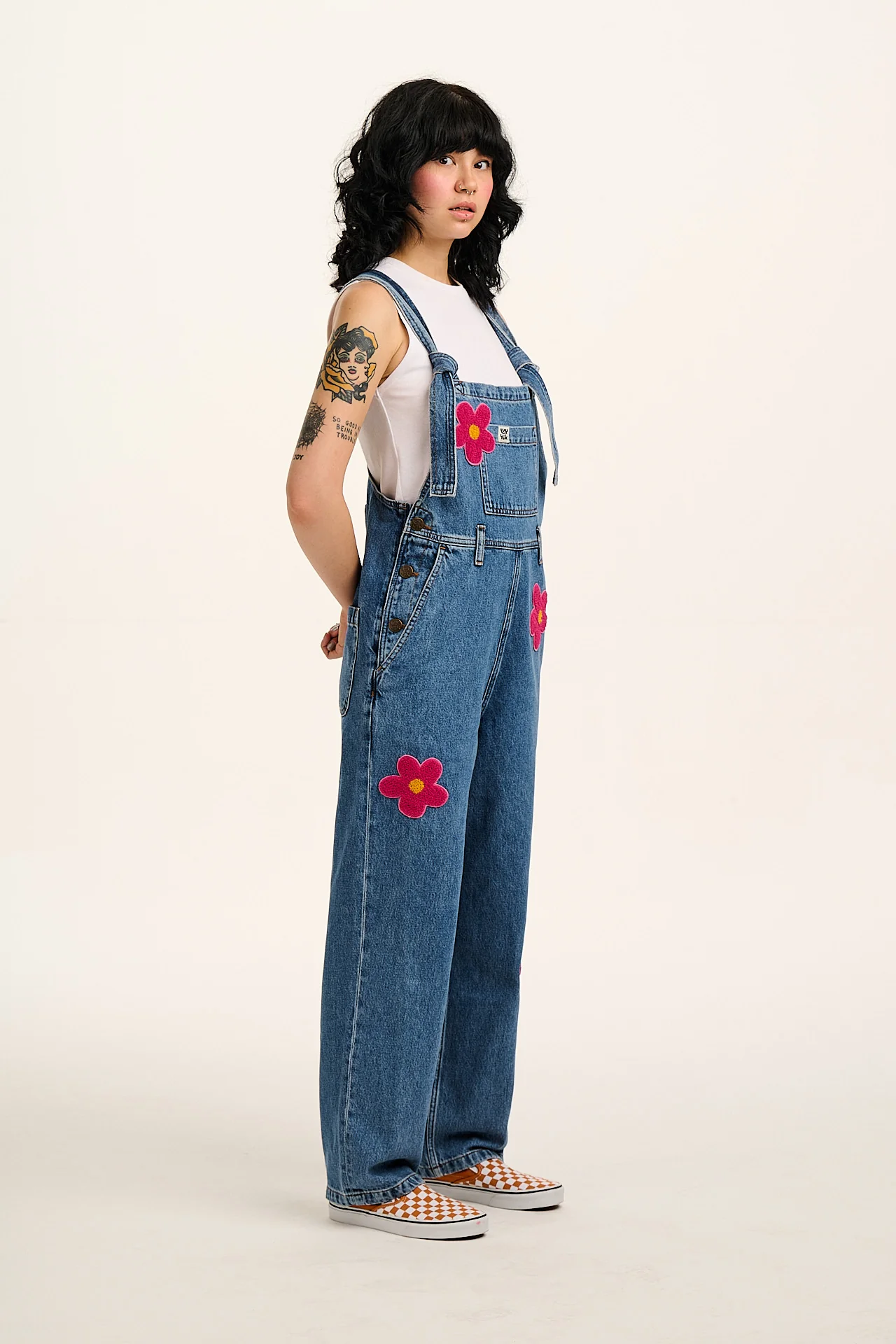 Easton - Denim Dungarees in Mid Wash Blue with Pink Flower Motif
