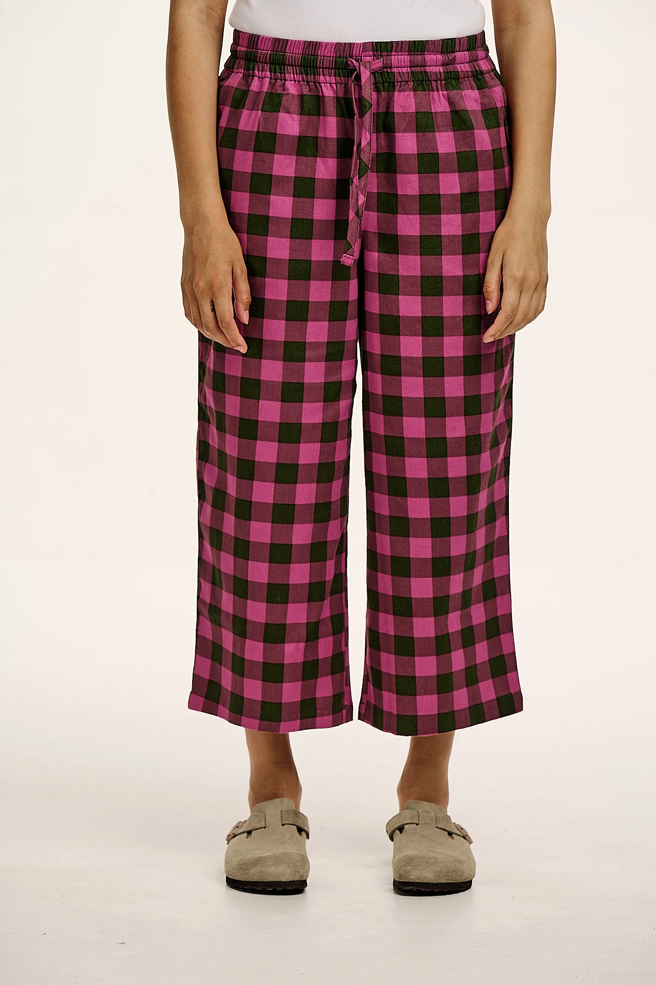 Chuck - Wide Leg Cotton Trousers in Pink and Green Checkerboard