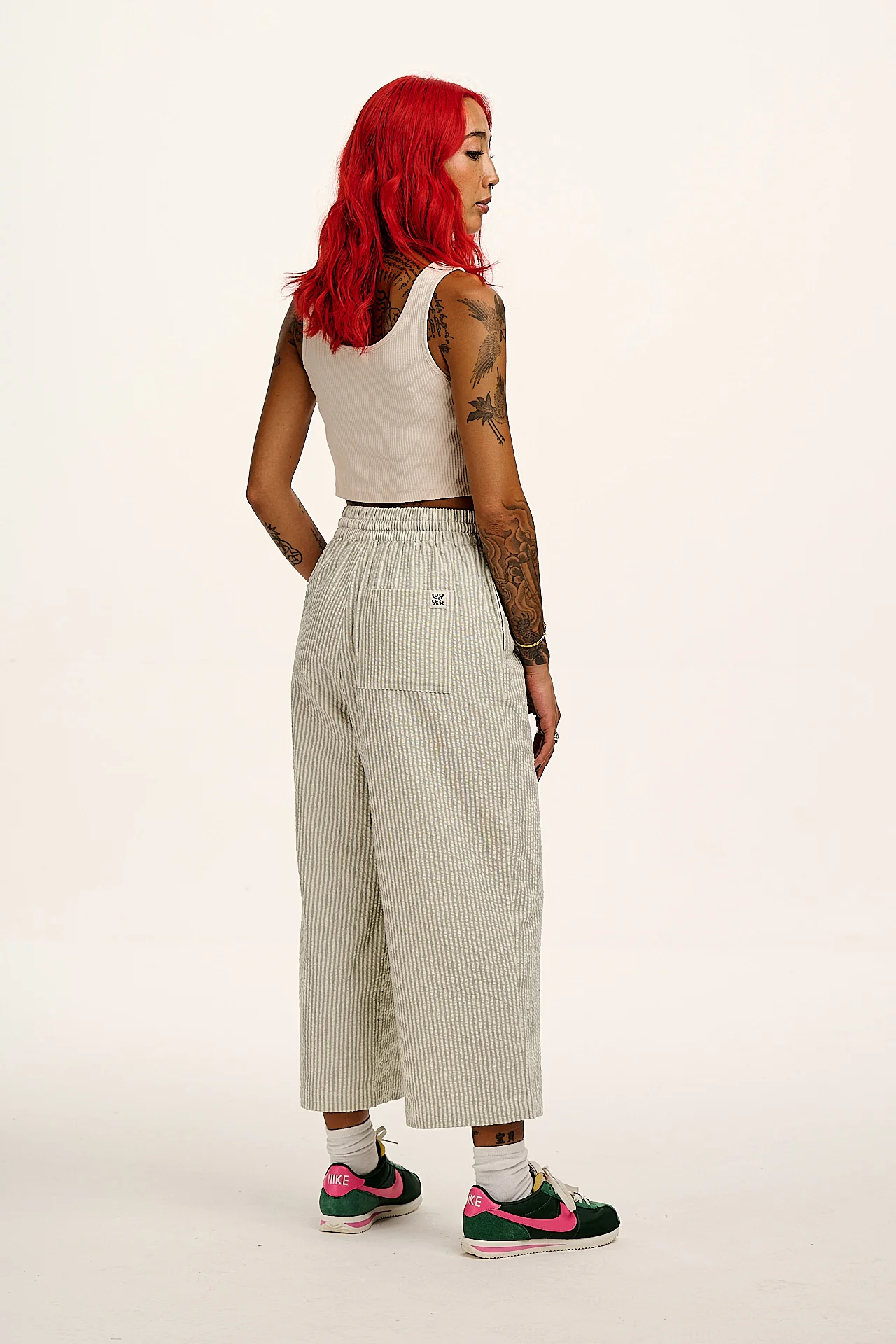 Chuck - Wide Leg Cotton Trousers in Green Stripe