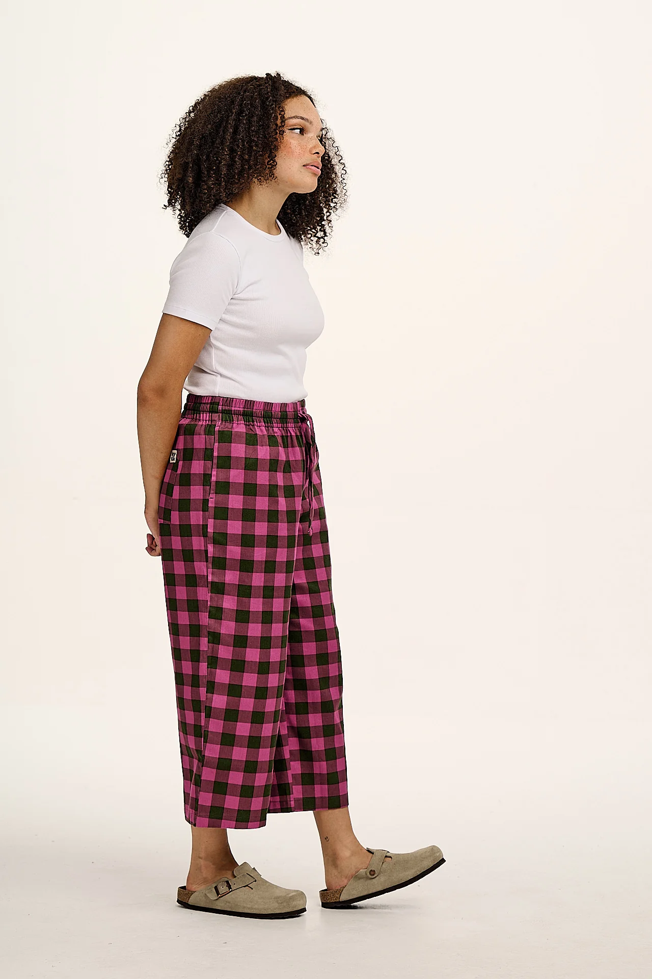 Chuck - Wide Leg Cotton Trousers in Pink and Green Checkerboard