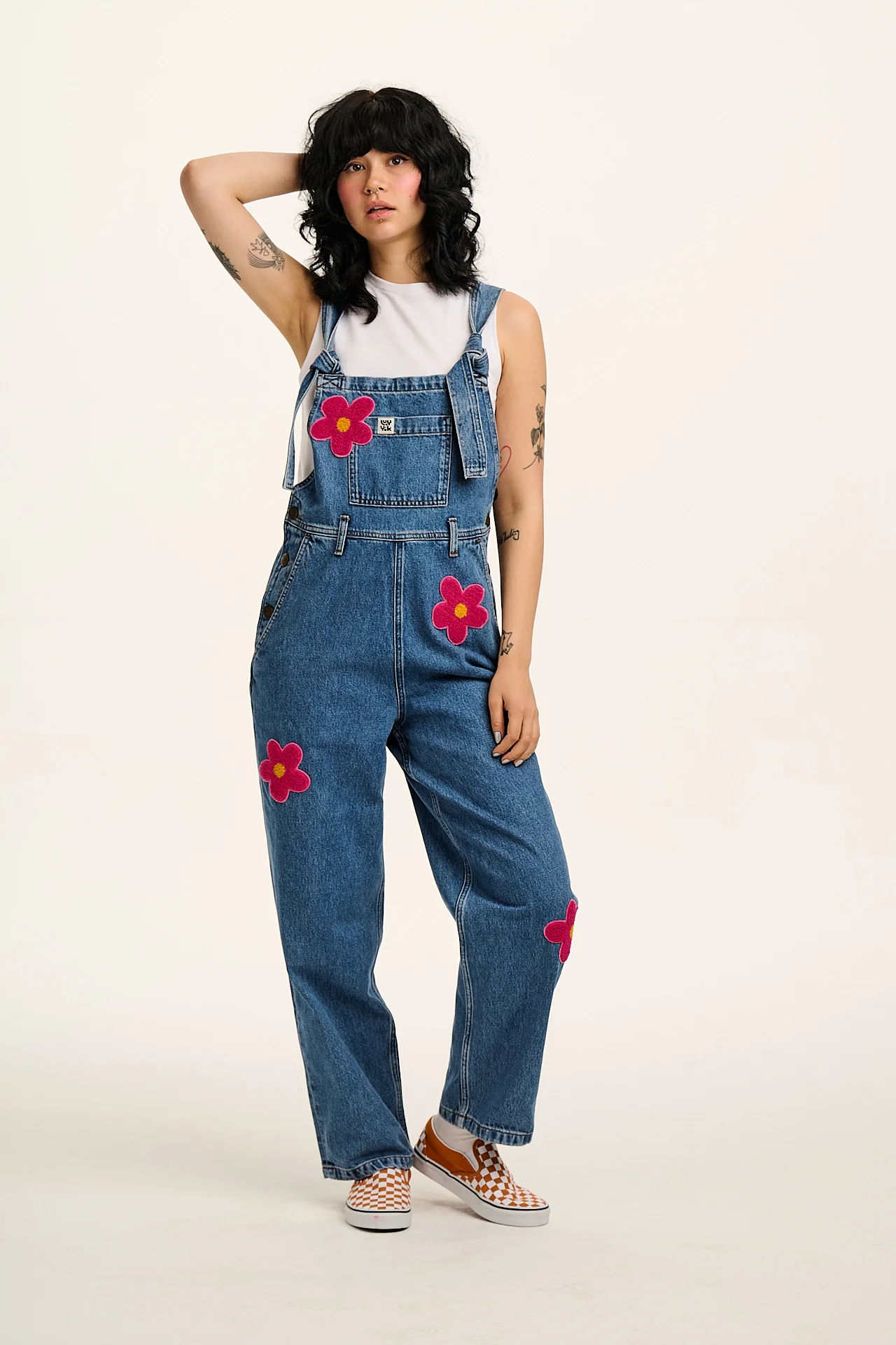Easton - Denim Dungarees in Mid Wash Blue with Pink Flower Motif