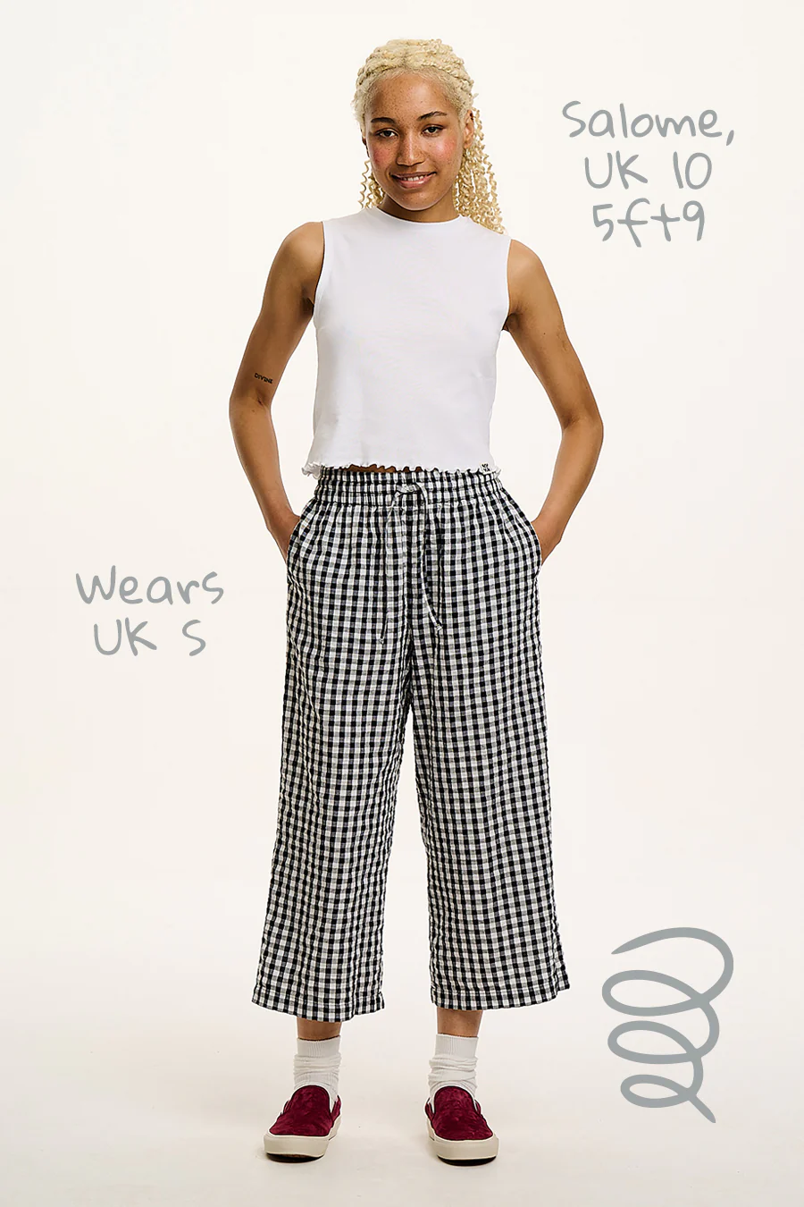 Chuck - Wide Leg Cotton Seersucker Trousers in Black & White Gingham