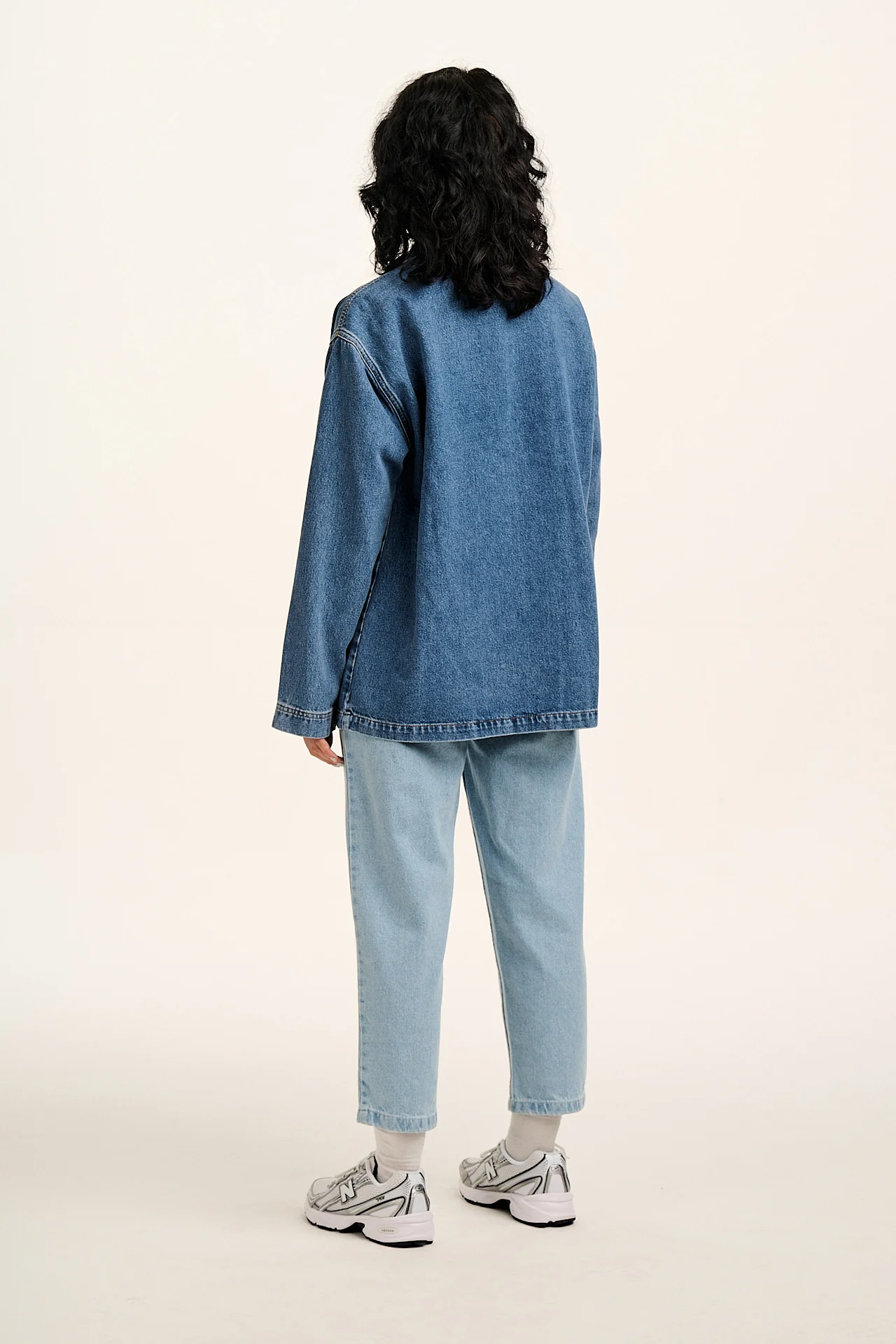 Olly - Denim Jacket in Mid Wash Blue with Pink Flower Motif