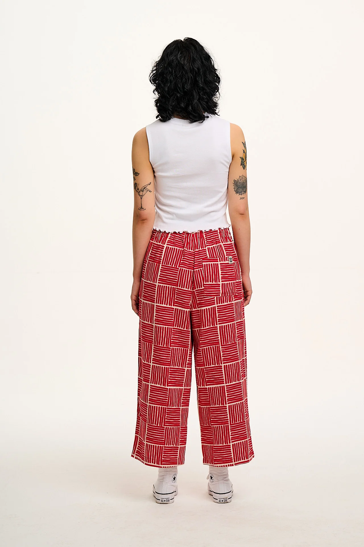 Chuck - Wide Leg Cotton Trousers in Red Geo Print