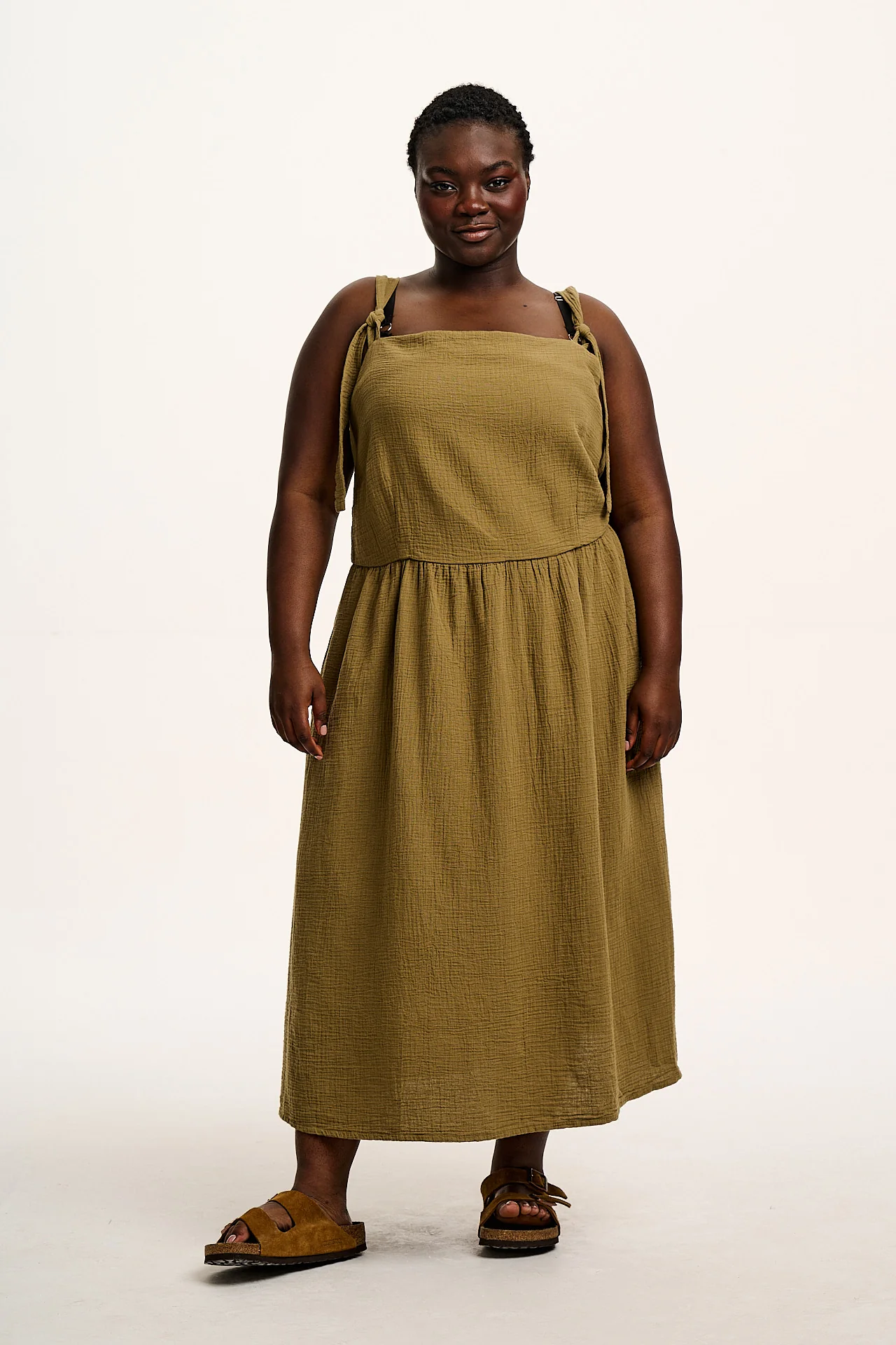 Faye - Midi Cotton Gauze Dress in Khaki Green