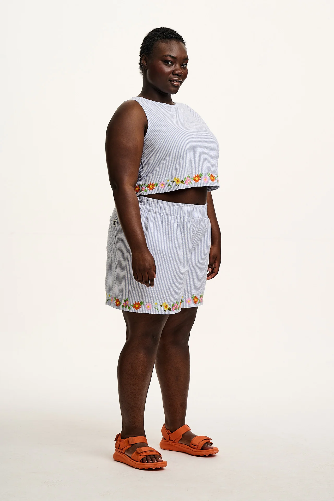 Arden - Cotton Seersucker Shell Top in Blue Stripe with Floral Embroidery