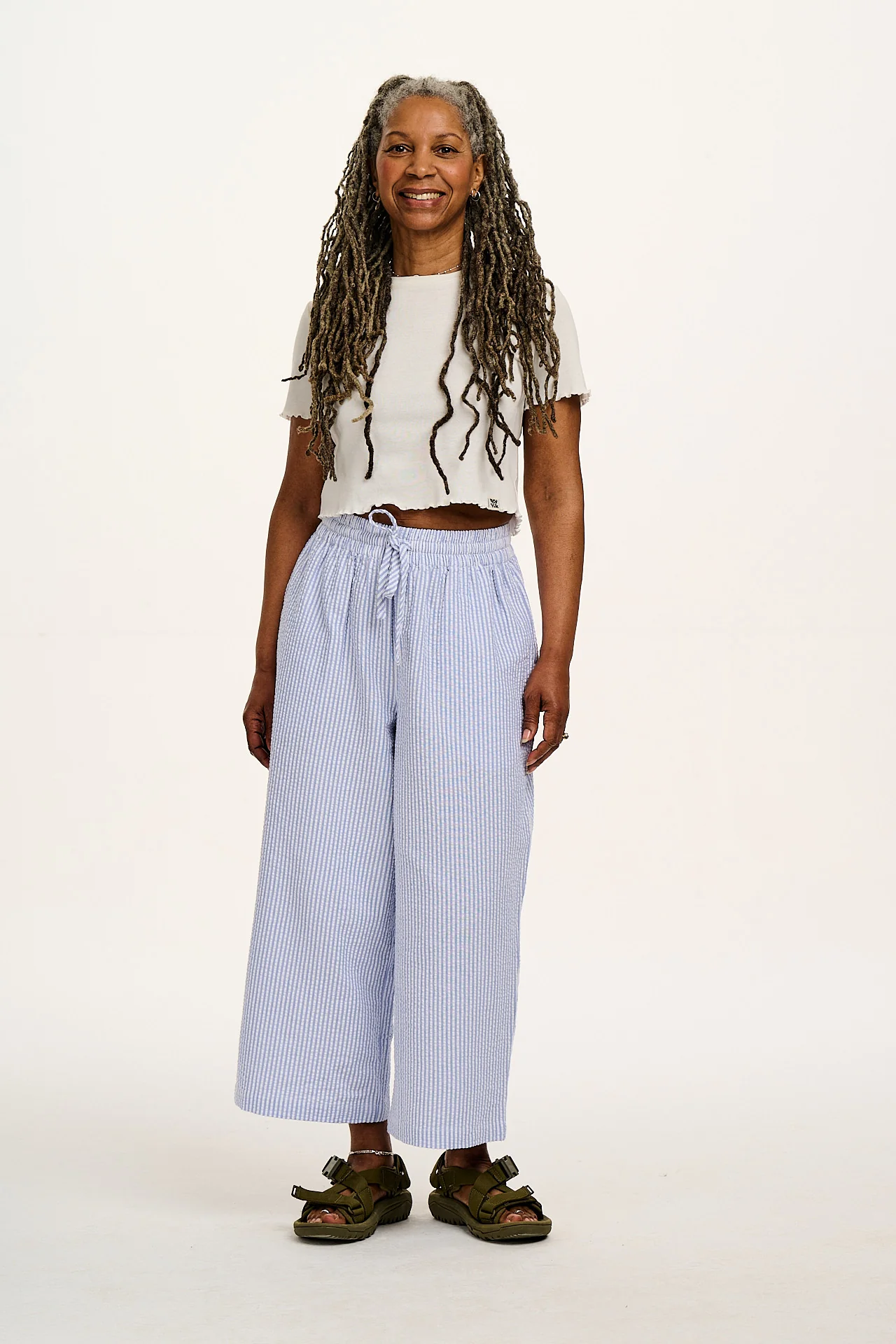 Chuck - Wide Leg Cotton Trousers in Blue Stripe
