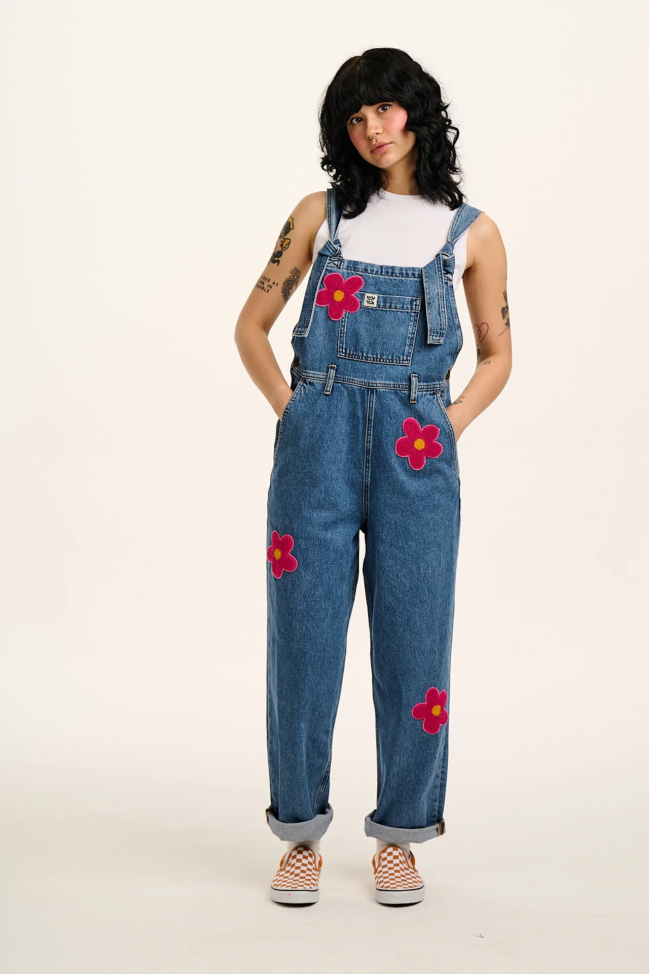 Easton - Denim Dungarees in Mid Wash Blue with Pink Flower Motif
