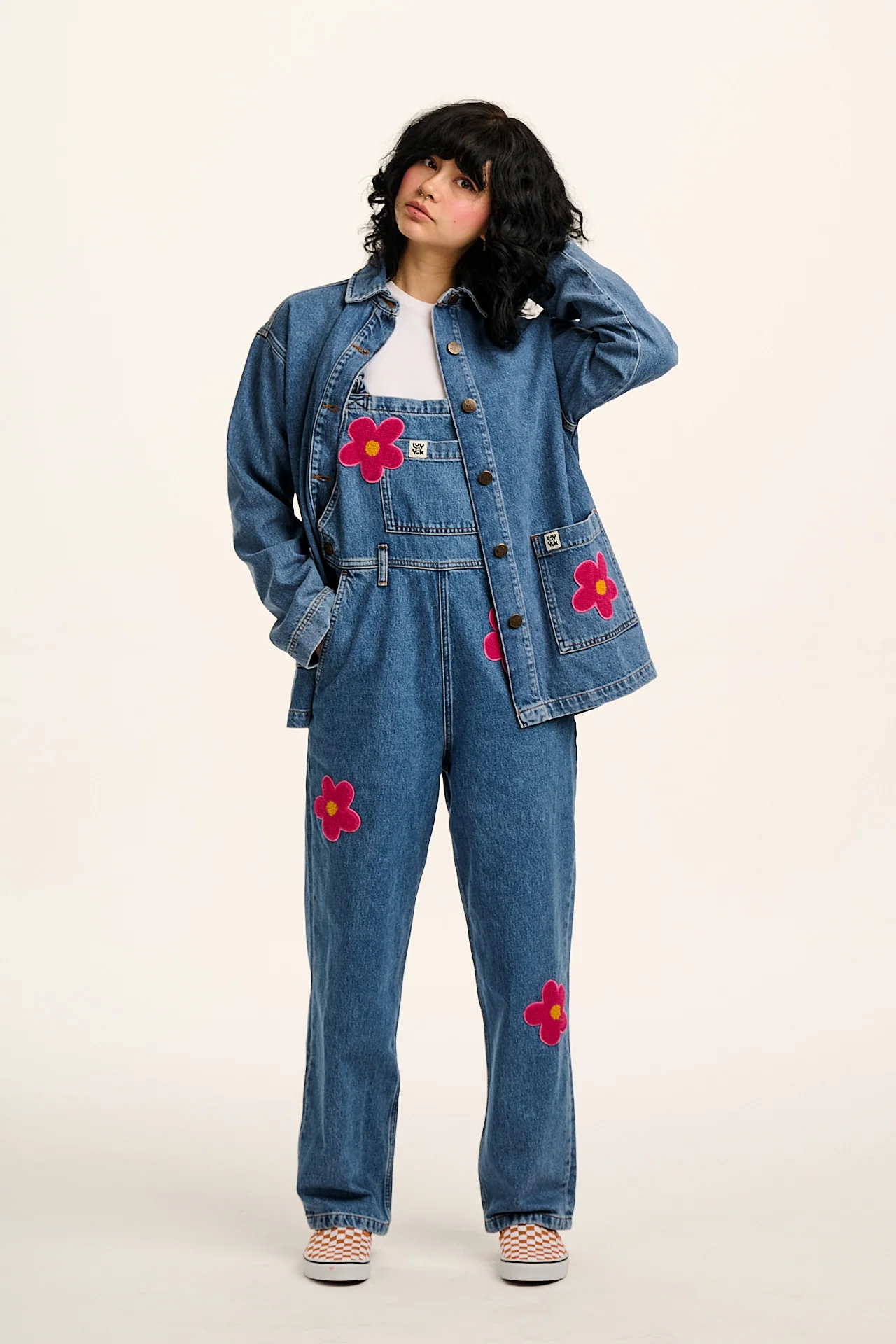 Easton - Denim Dungarees in Mid Wash Blue with Pink Flower Motif