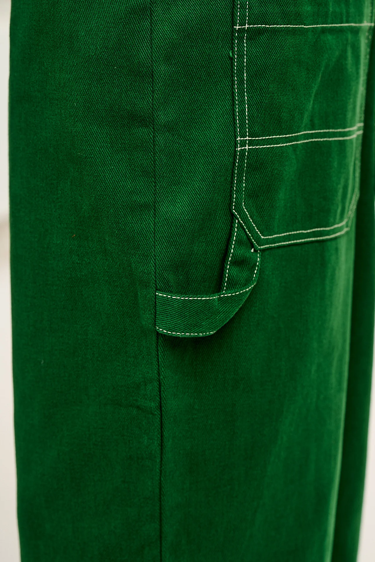 Mullen - Cotton Dungarees in Green Contrast Stitch