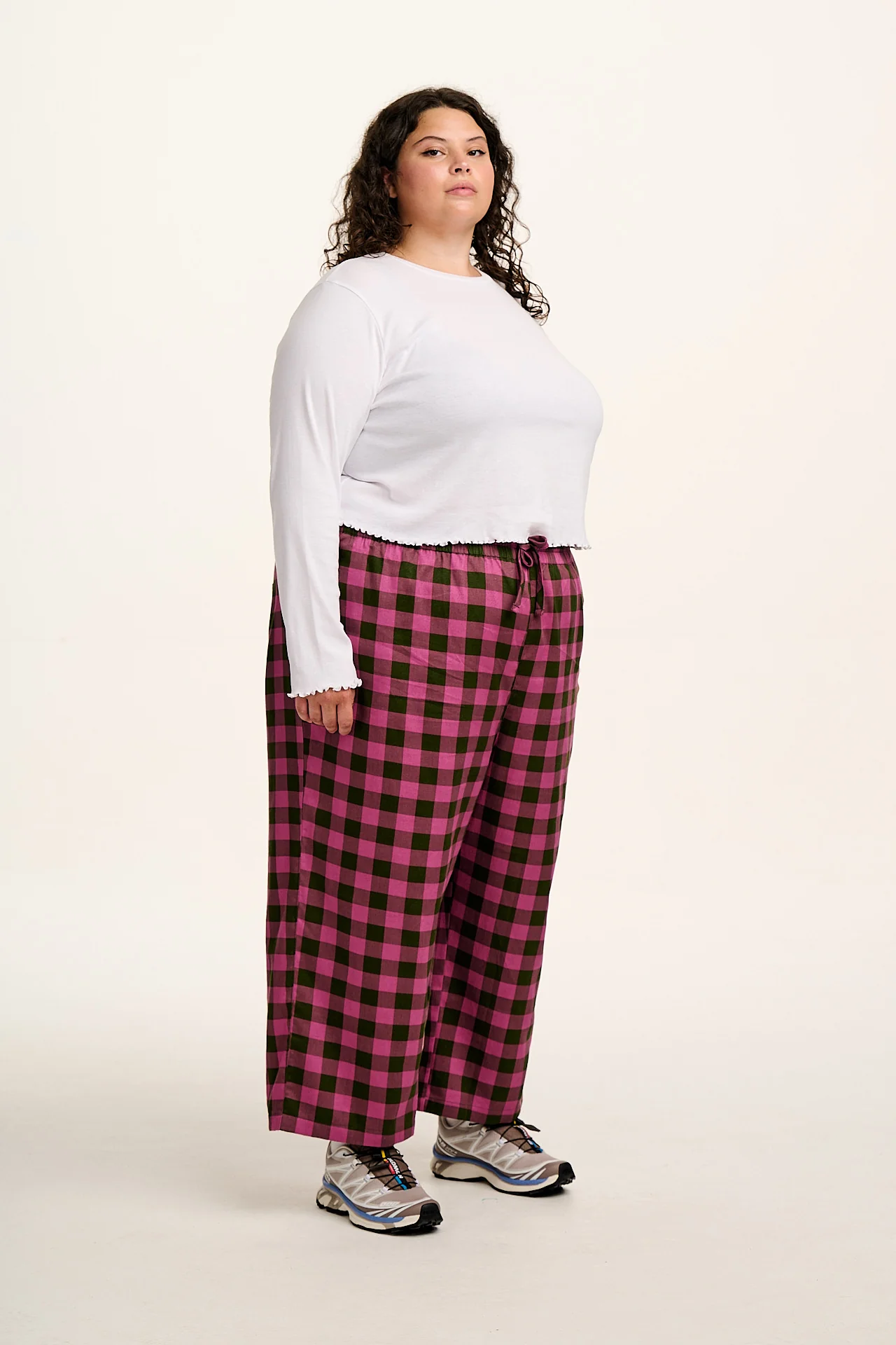 Chuck - Wide Leg Cotton Trousers in Pink and Green Checkerboard