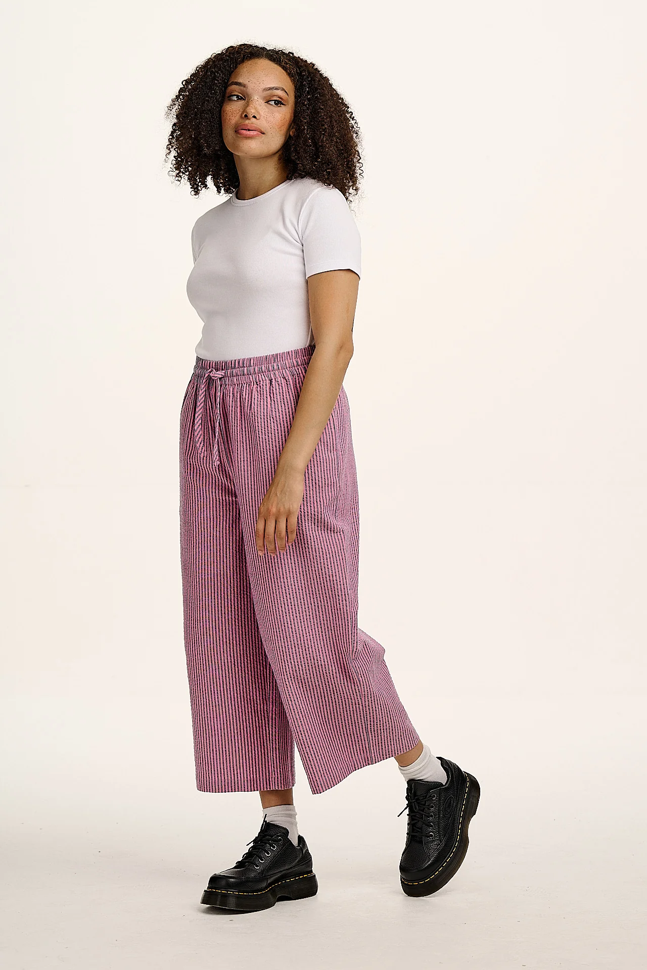 Chuck  - Wide Leg Cotton Trousers in Pink & Blue Stripe