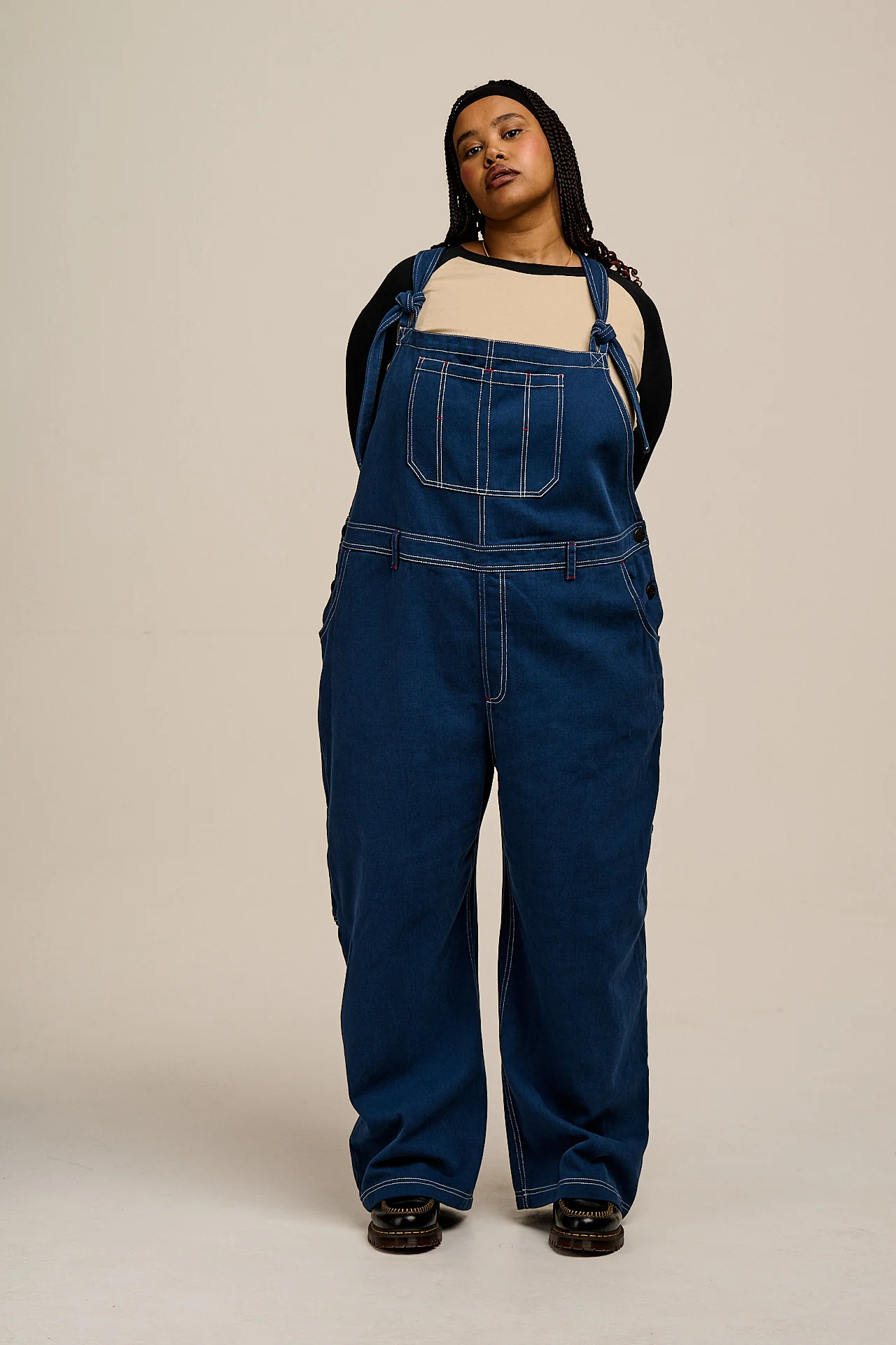 Mullen - Cotton Dungarees in Navy with Contrast Stripe
