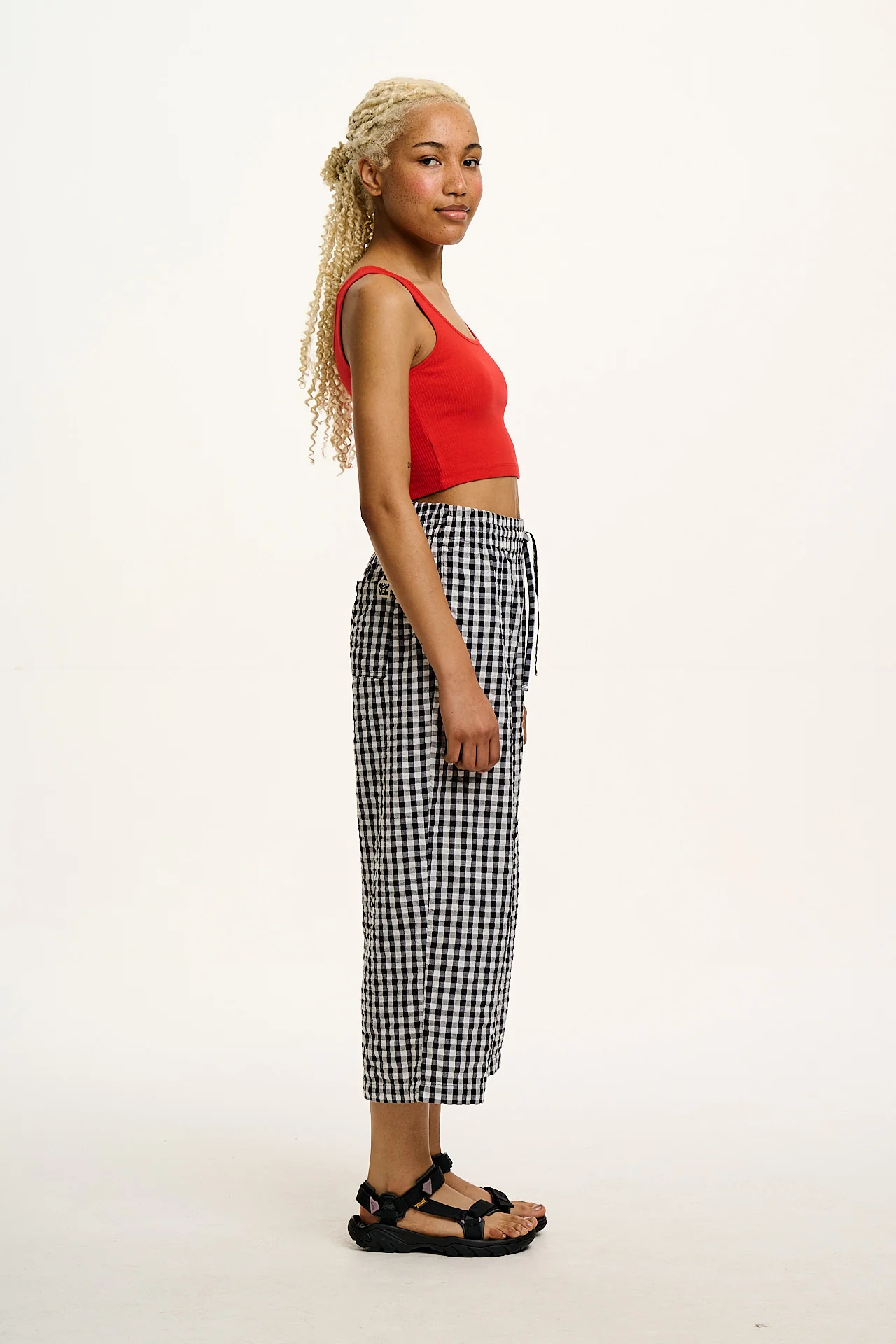 Chuck - Wide Leg Cotton Seersucker Trousers in Black & White Gingham