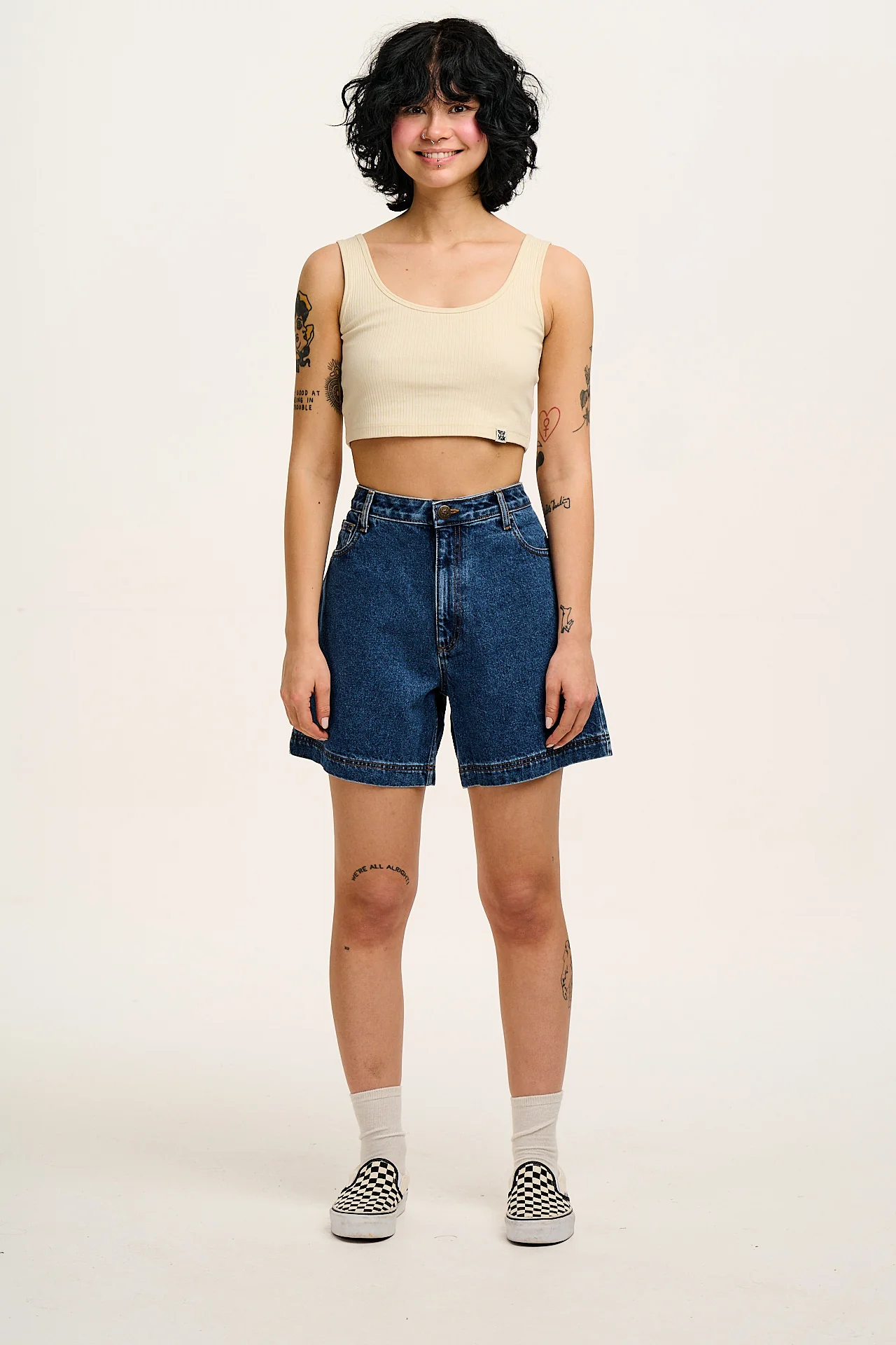Lexi - High Waist Denim Shorts in Mid Wash Blue