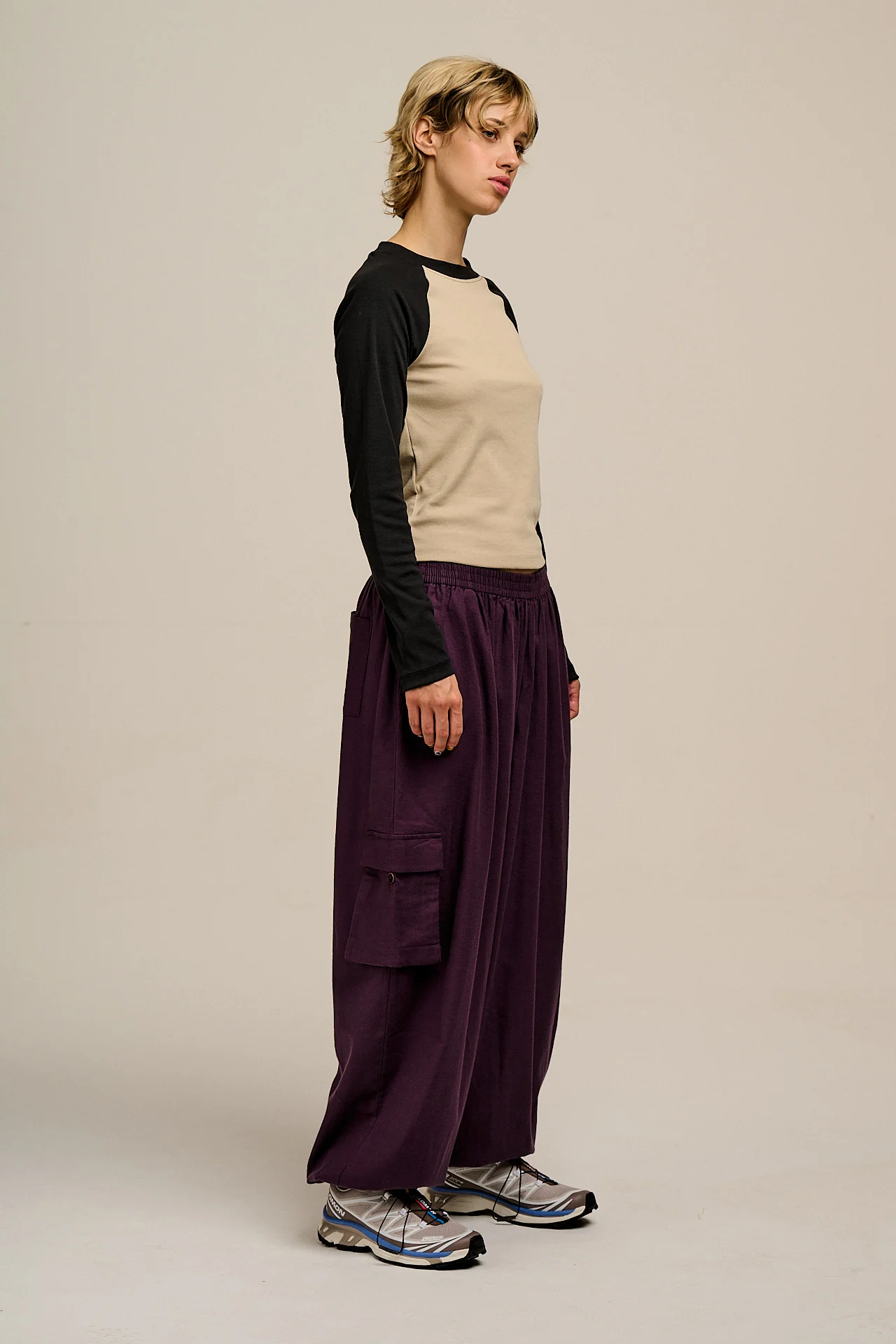 Rumi - Brushed Cotton Barrel Trousers in Plum Perfect