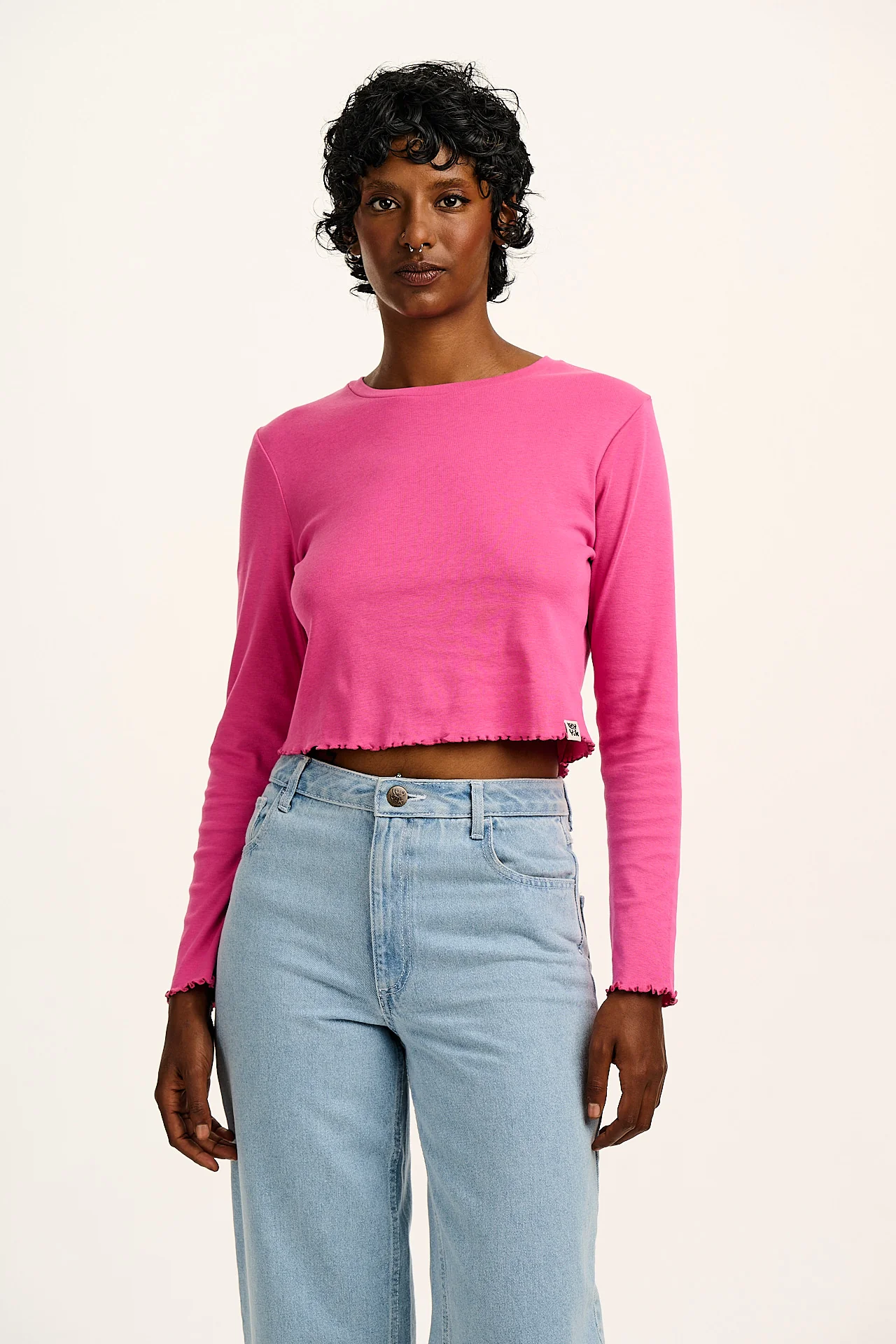 Hansel - Long Sleeve Cotton Crop Top in Mulberry Pink