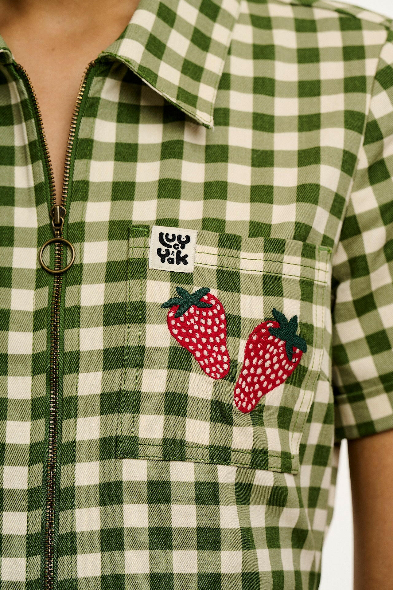 Ragan - Cotton Jumpsuit in Green Gingham with Strawberry Embroidery