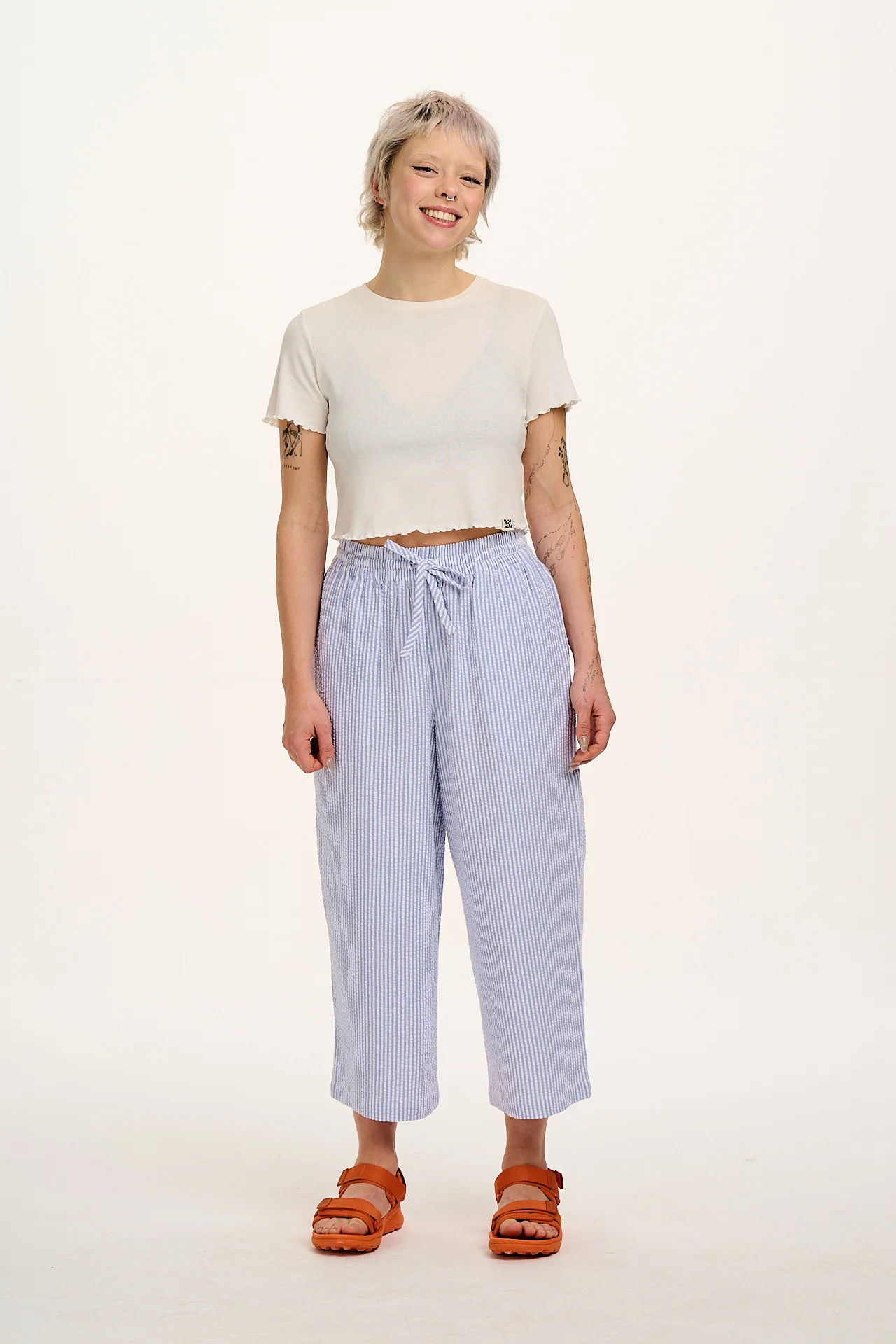 Chuck - Wide Leg Cotton Trousers in Blue Stripe