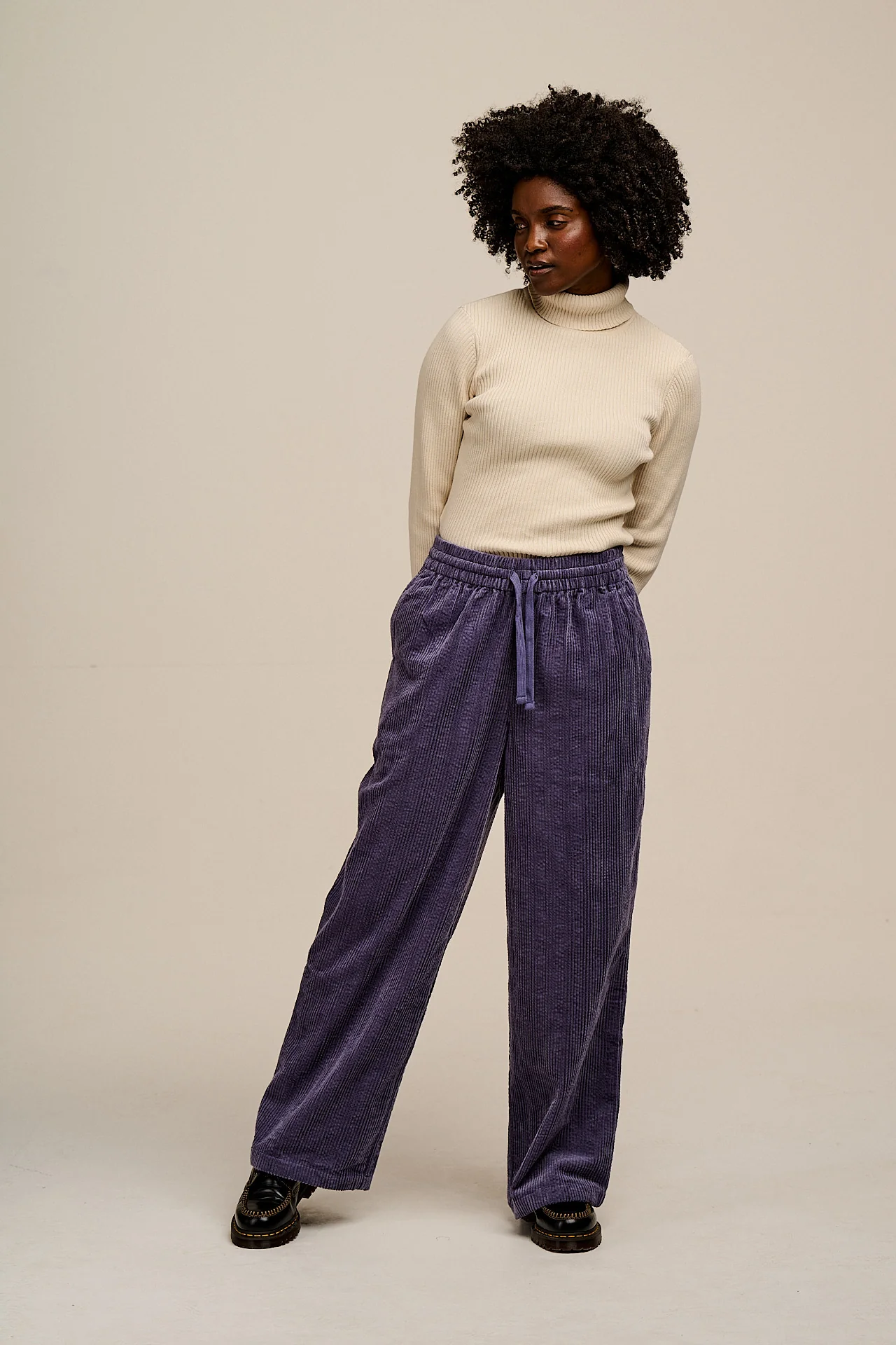 Norris - Wide Leg Corduroy Trousers in Blueberry Mist