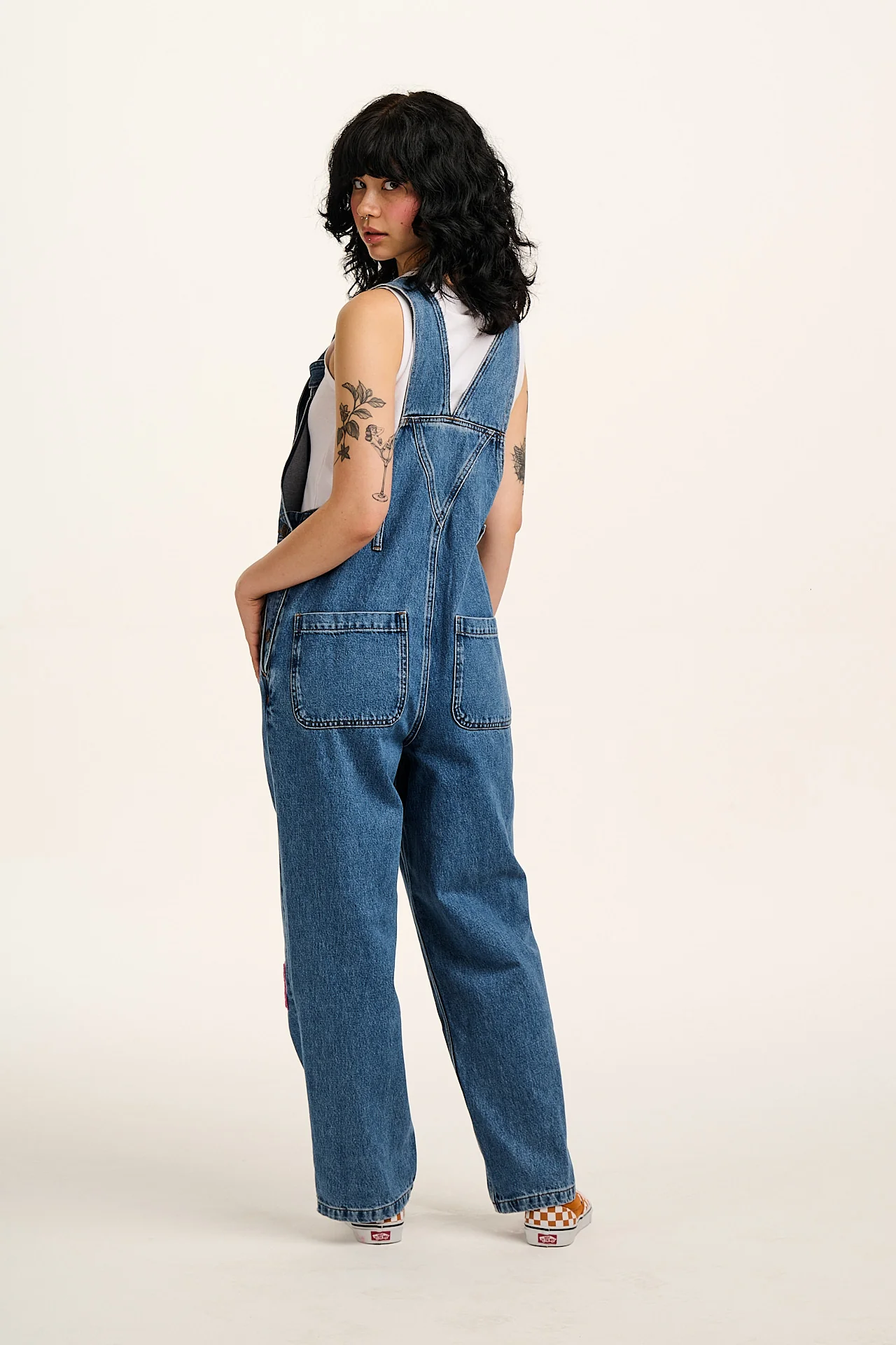 Easton - Denim Dungarees in Mid Wash Blue with Pink Flower Motif