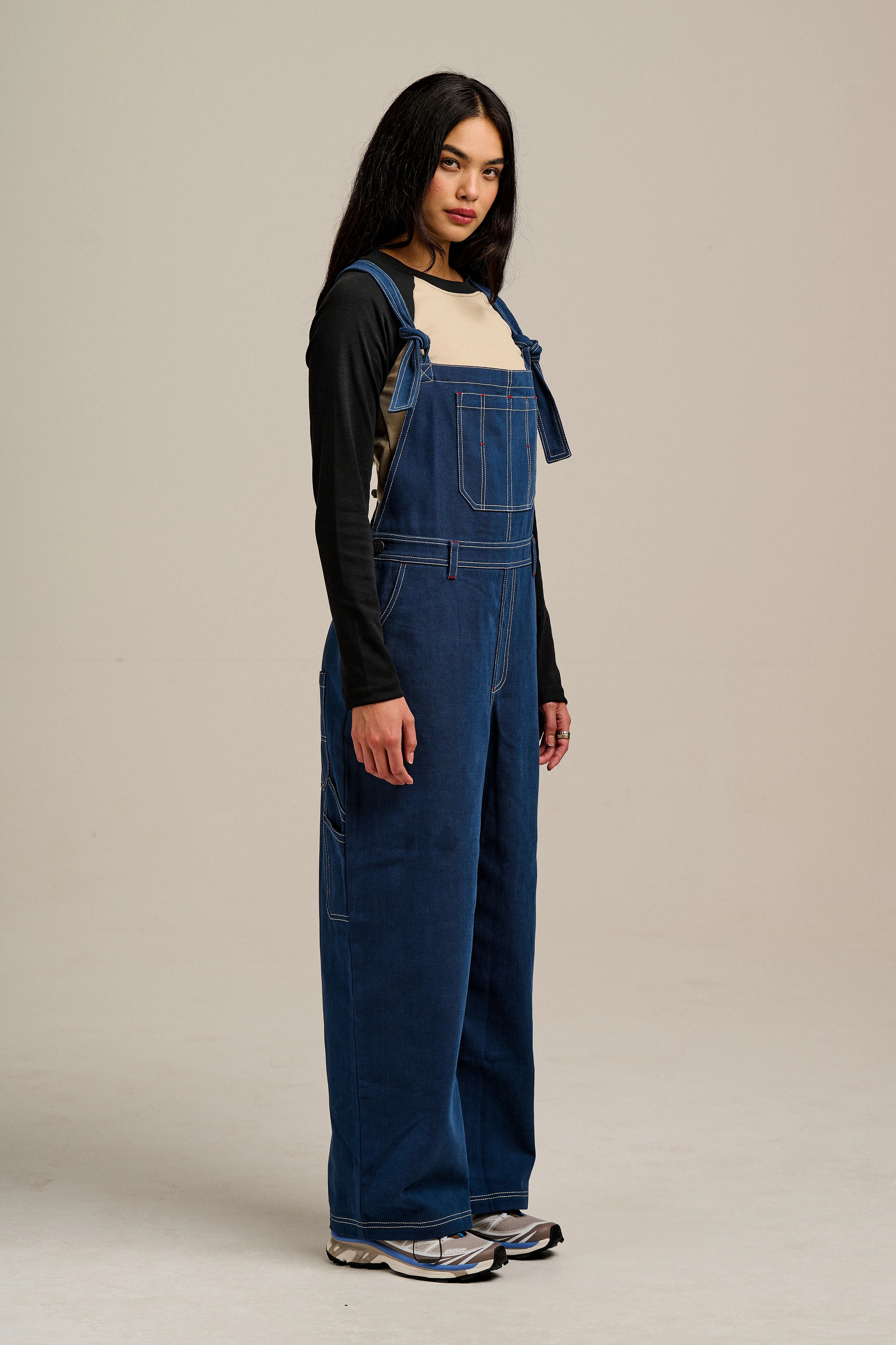 Mullen - Cotton Dungarees in Navy with Contrast Stripe