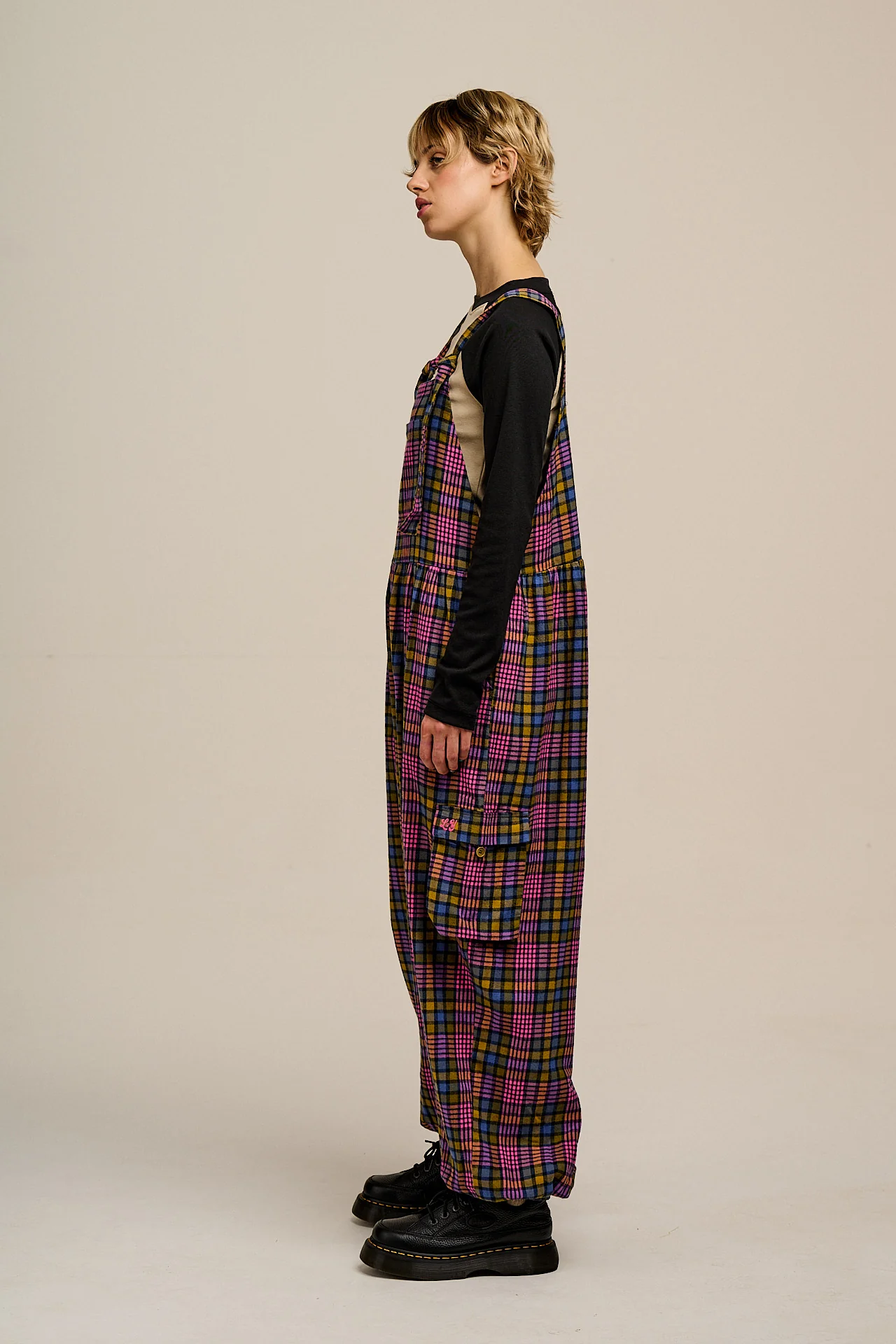 Miyada - Brushed Cotton Dungarees in Grunge Purple Check