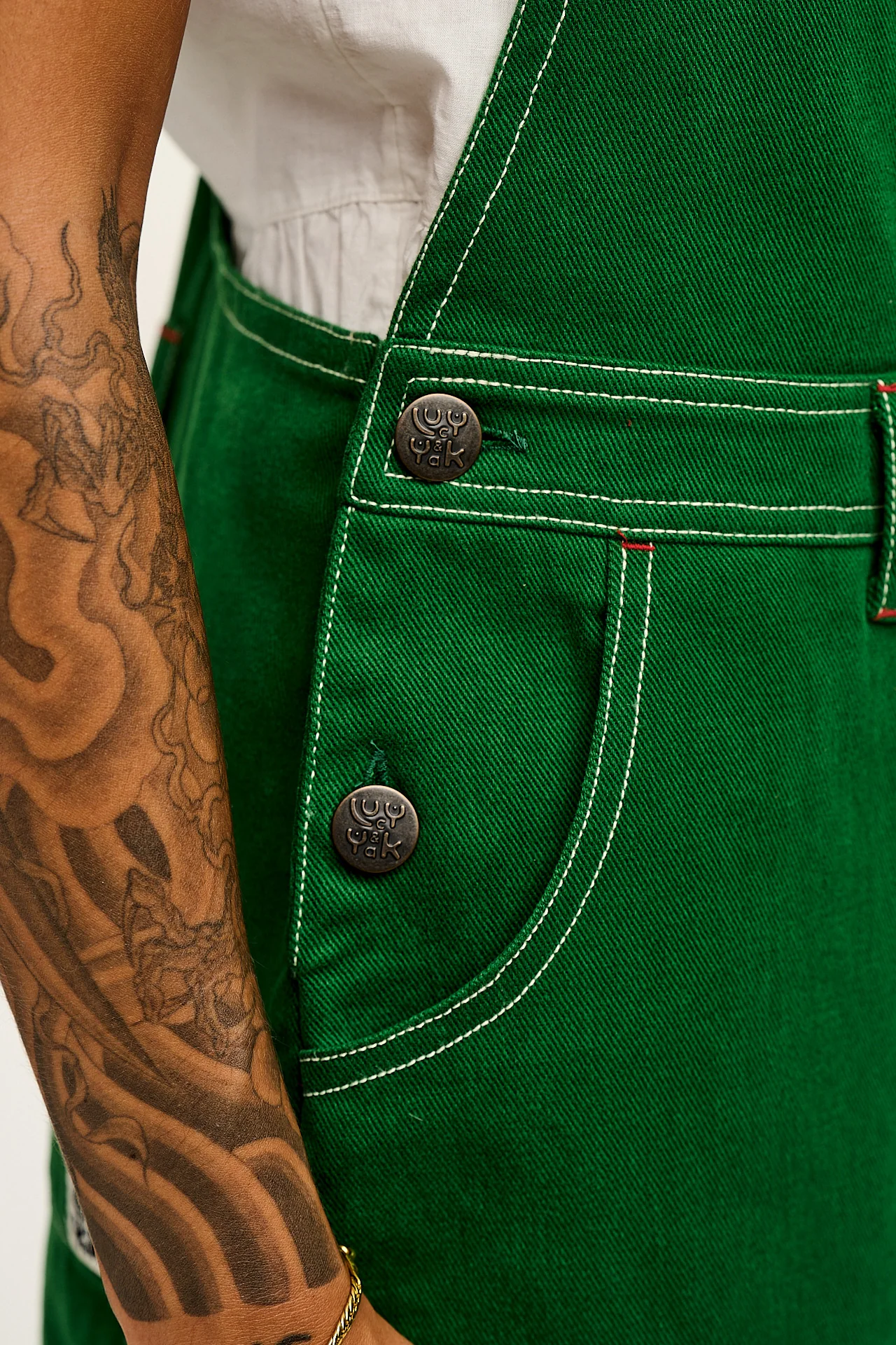 Mullen - Cotton Dungarees in Green Contrast Stitch