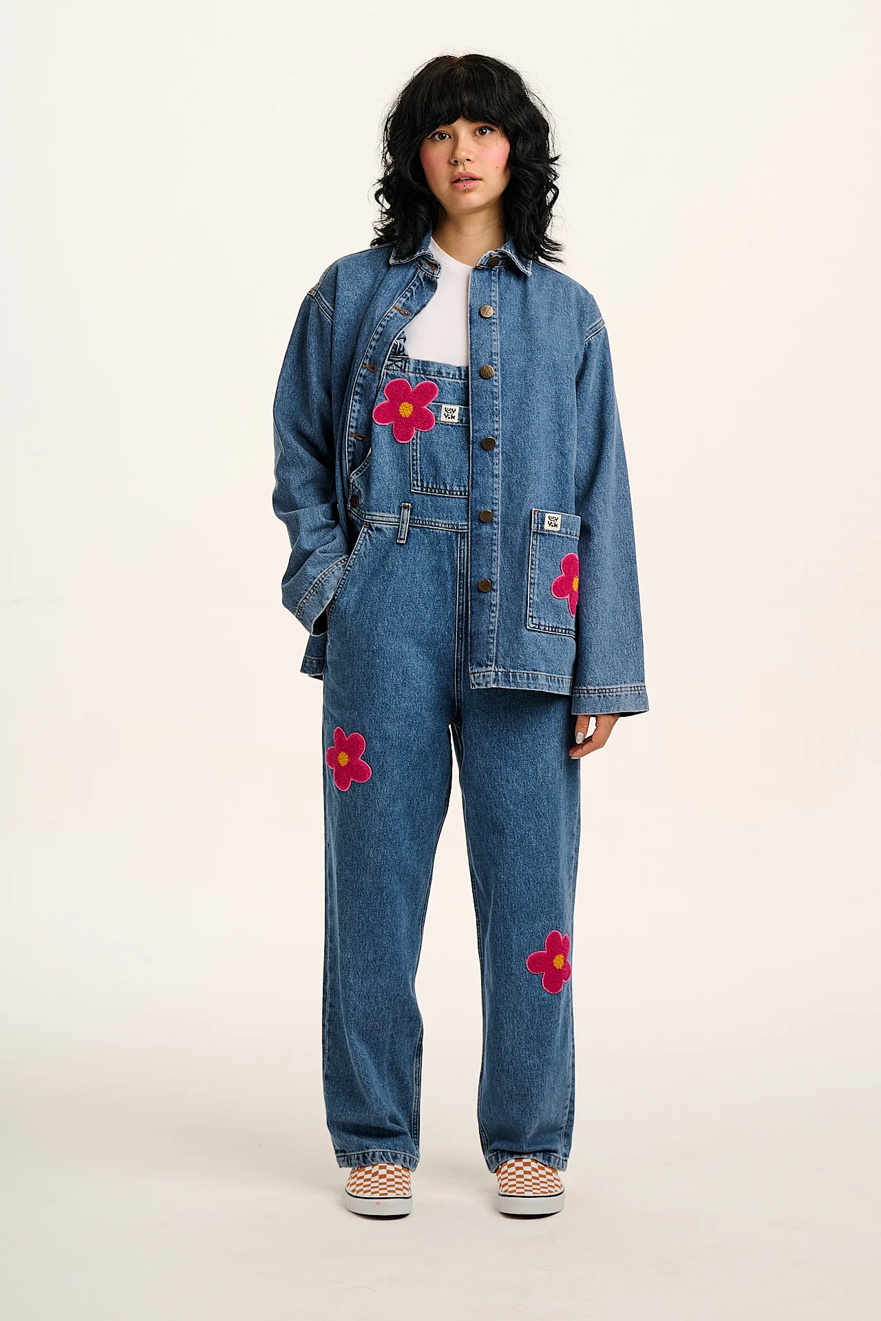 Olly - Denim Jacket in Mid Wash Blue with Pink Flower Motif